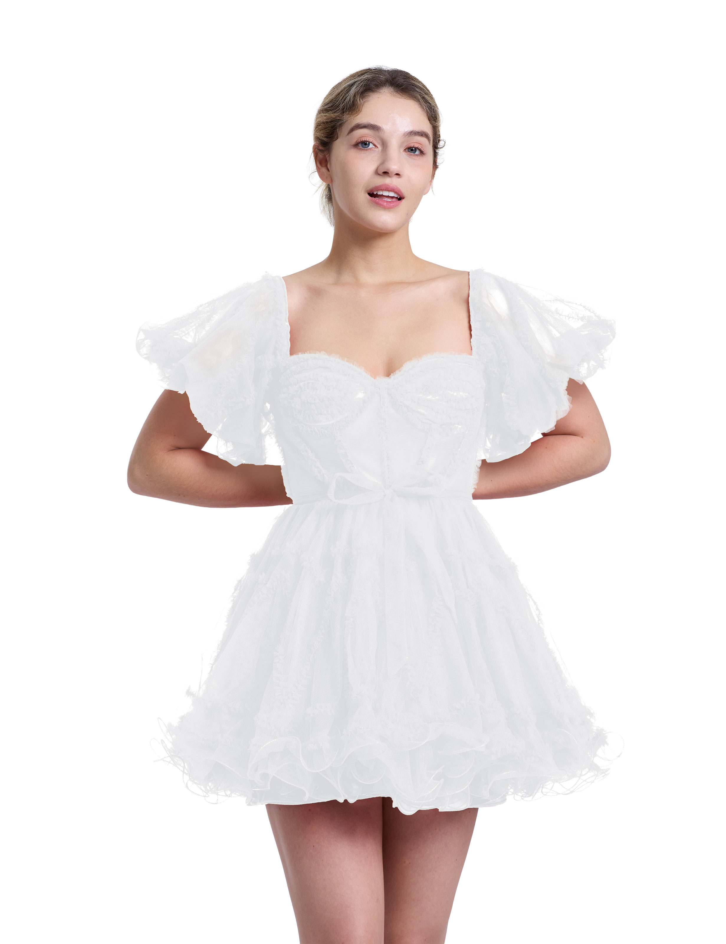 A-line Sweetheart Ruffles Tulle Puffy Sleeves Red Homecoming Dress #HC2401317