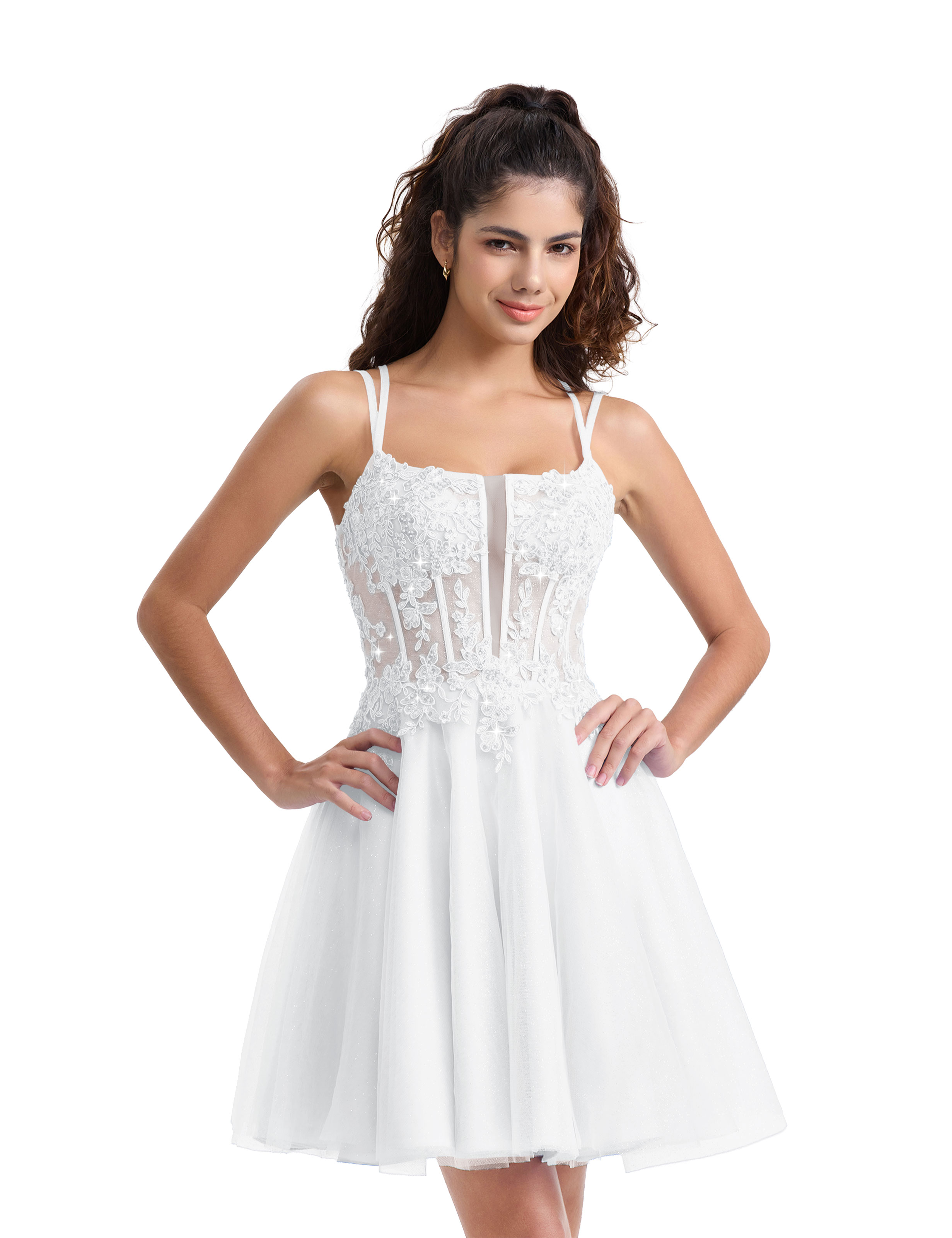 A-line Spaghetti Strap Tulle Lace Appliques Cocktail Homecoming Dress #HC2402129