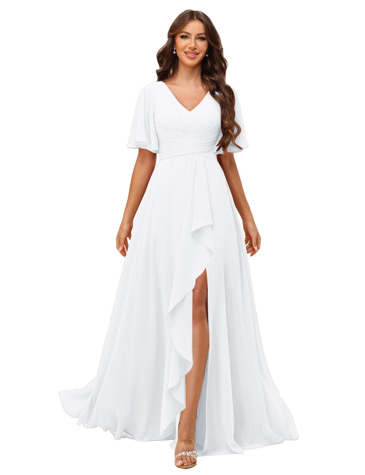 A-line V-neck Short Sleeves Chiffon Silt Bridesmaid Dress #BM2507137