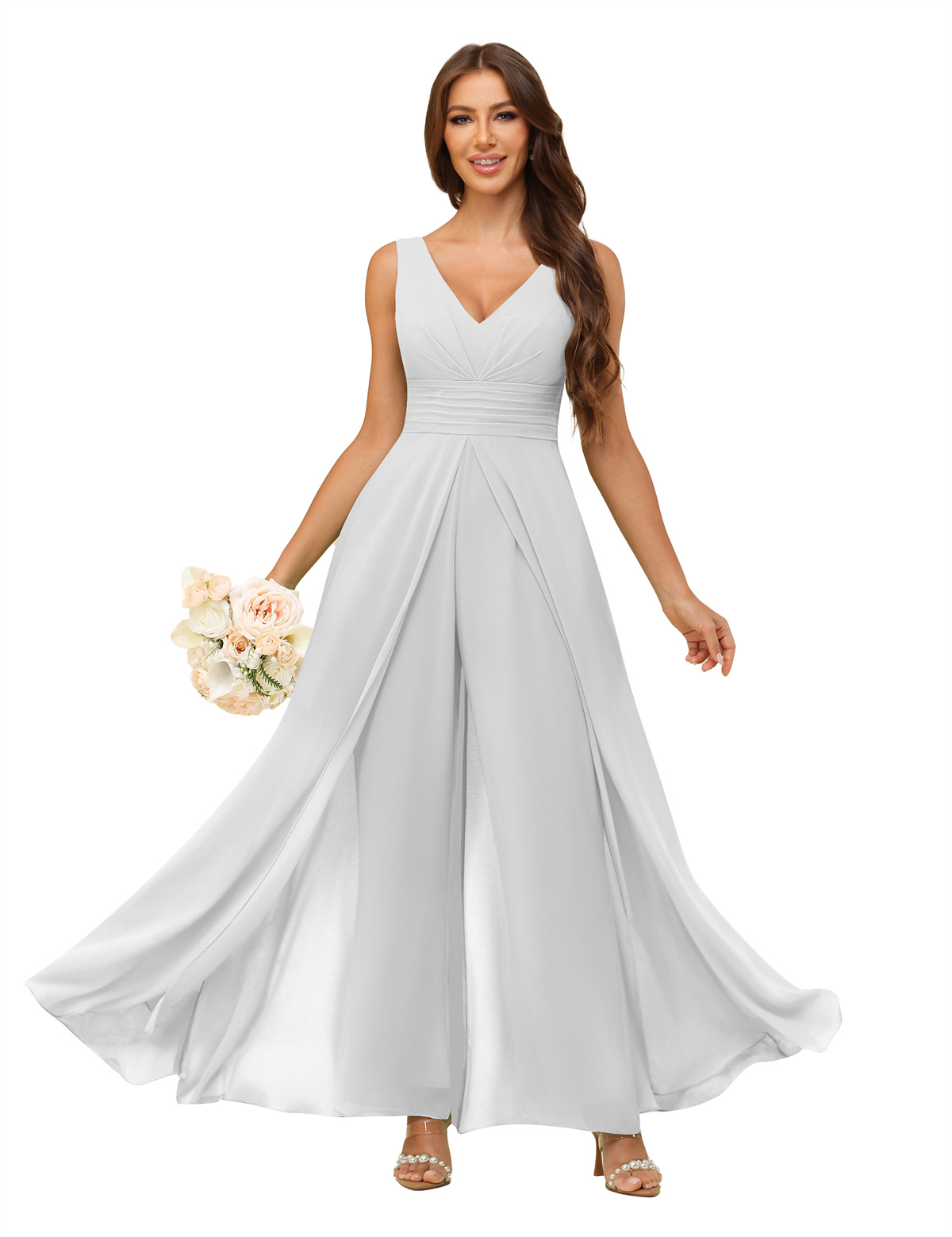 A-line V-neck Chiffon Straps V-back Bridesmaid Dress #PR2507216