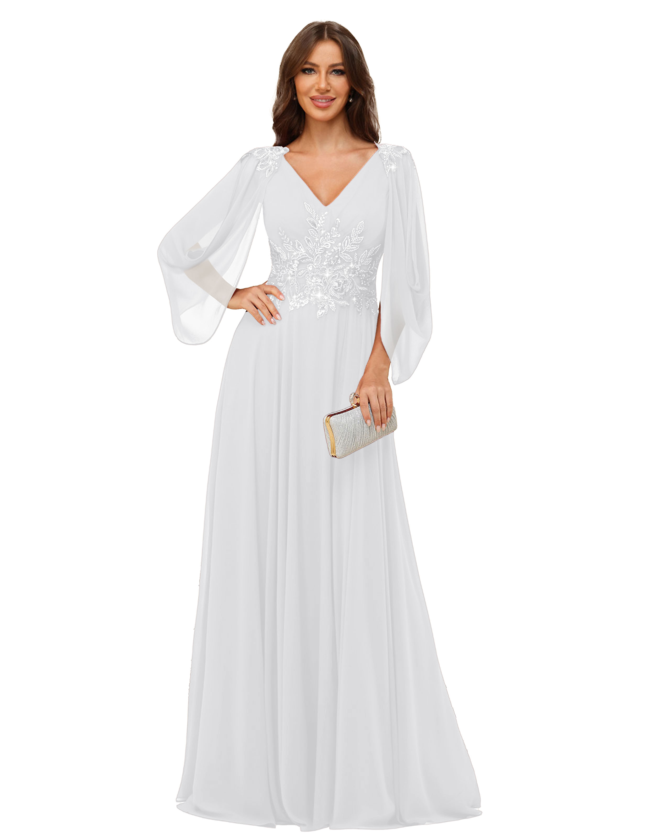 A-line V-neck Chiffon V-back Long Sleeves Mother of The Bride Dress #BM2501034