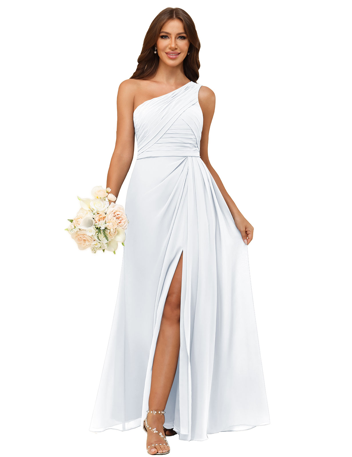 A-line One Shoulder Chiffon Silt Back Zip Bridesmaid Dress #BM2504122