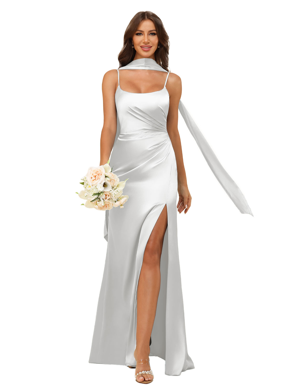 Mermaid U-neck Spaghetti Straps Satin Silt Bridesmaid Dress #BM2507145