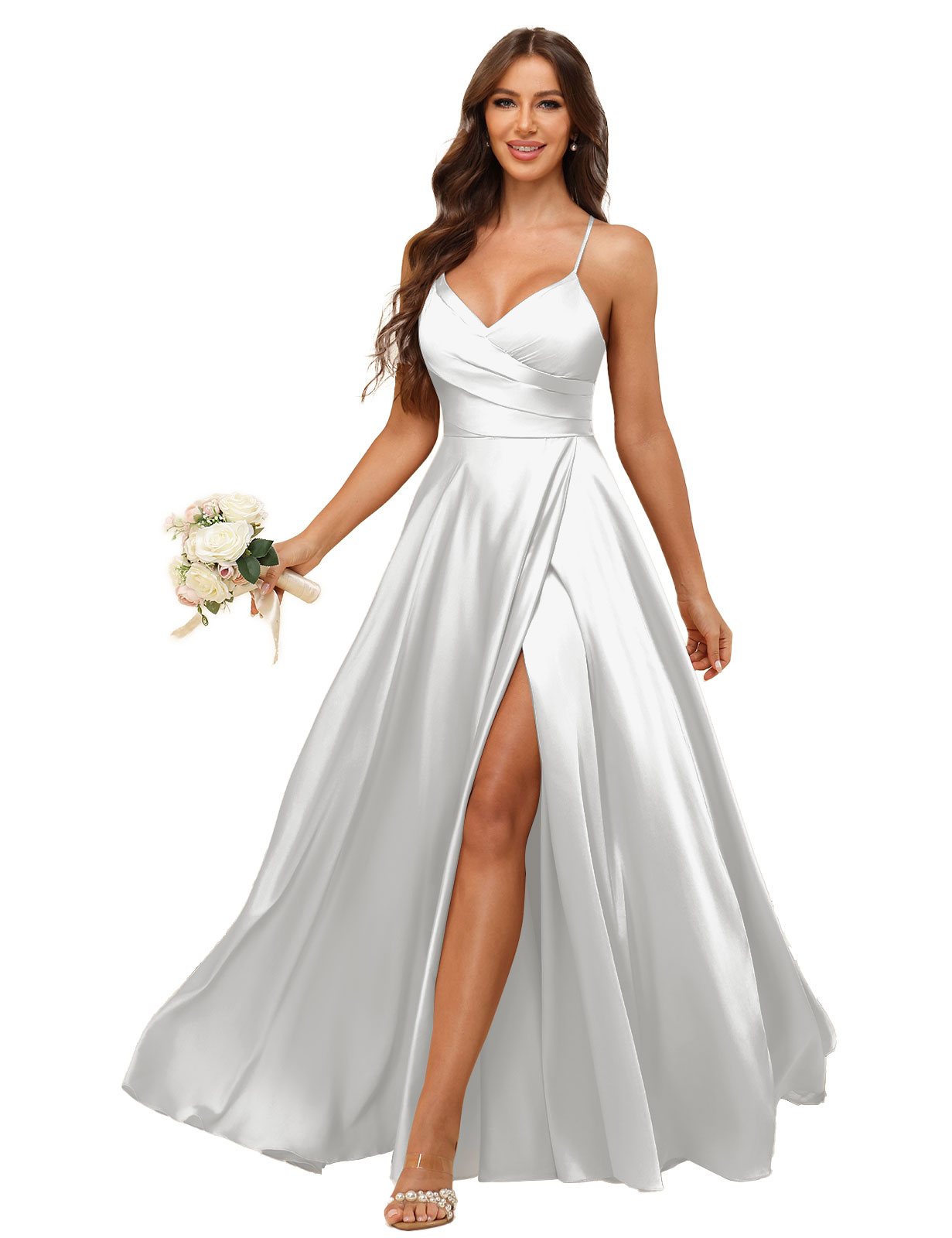 A-line V-neck Spaghetti Straps Satin Silt Bridesmaid Dress #BM2507218