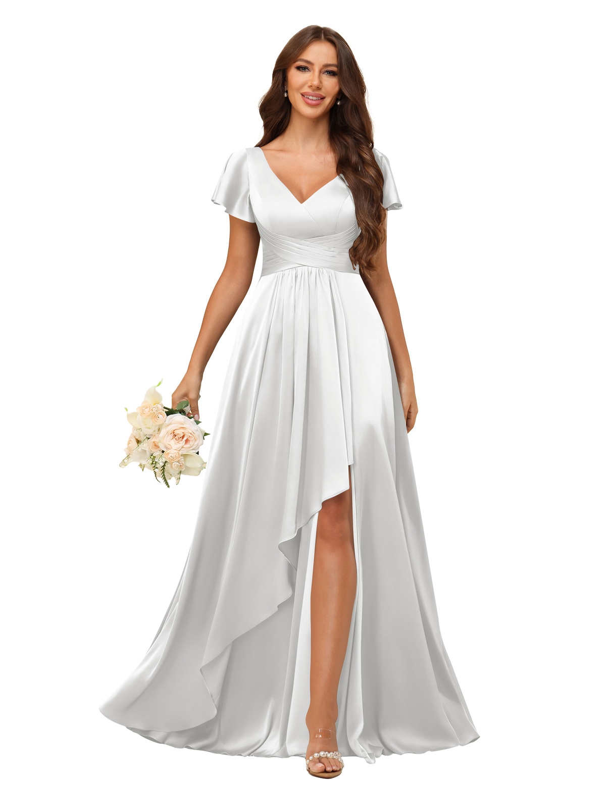 A-line V-neck Short Sleeves Satin Silt Bridesmaid Dress #BM2508022