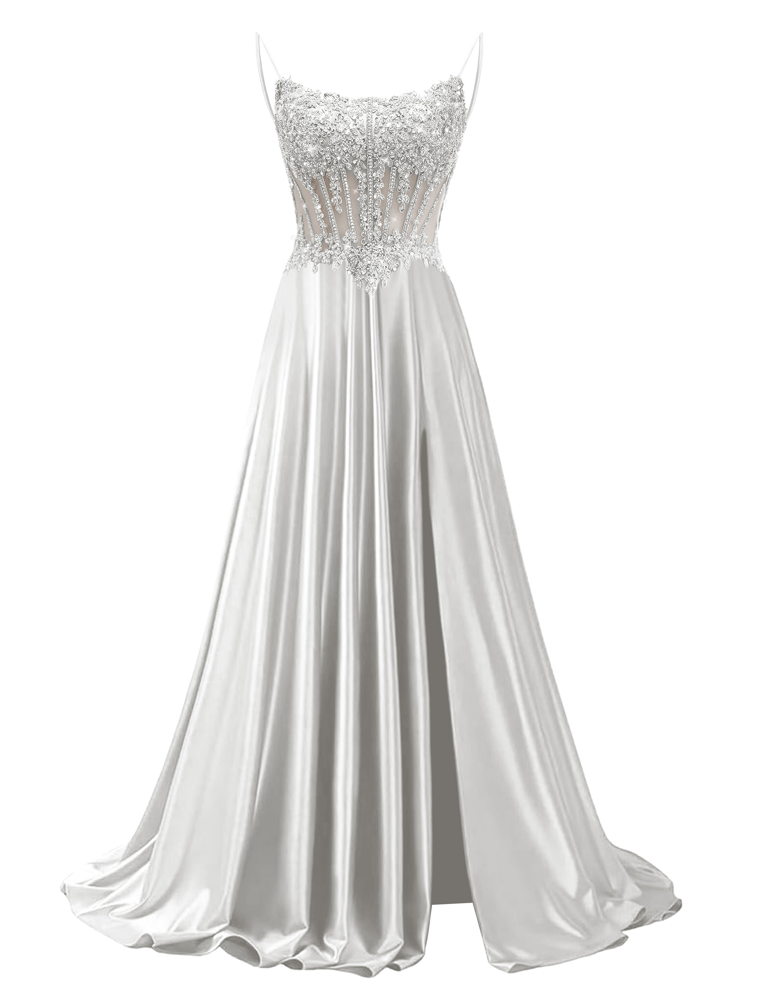 Mermaid Spaghetti Straps Satin Beaded Sequin Pleated Slit Prom Dress #PR2510011