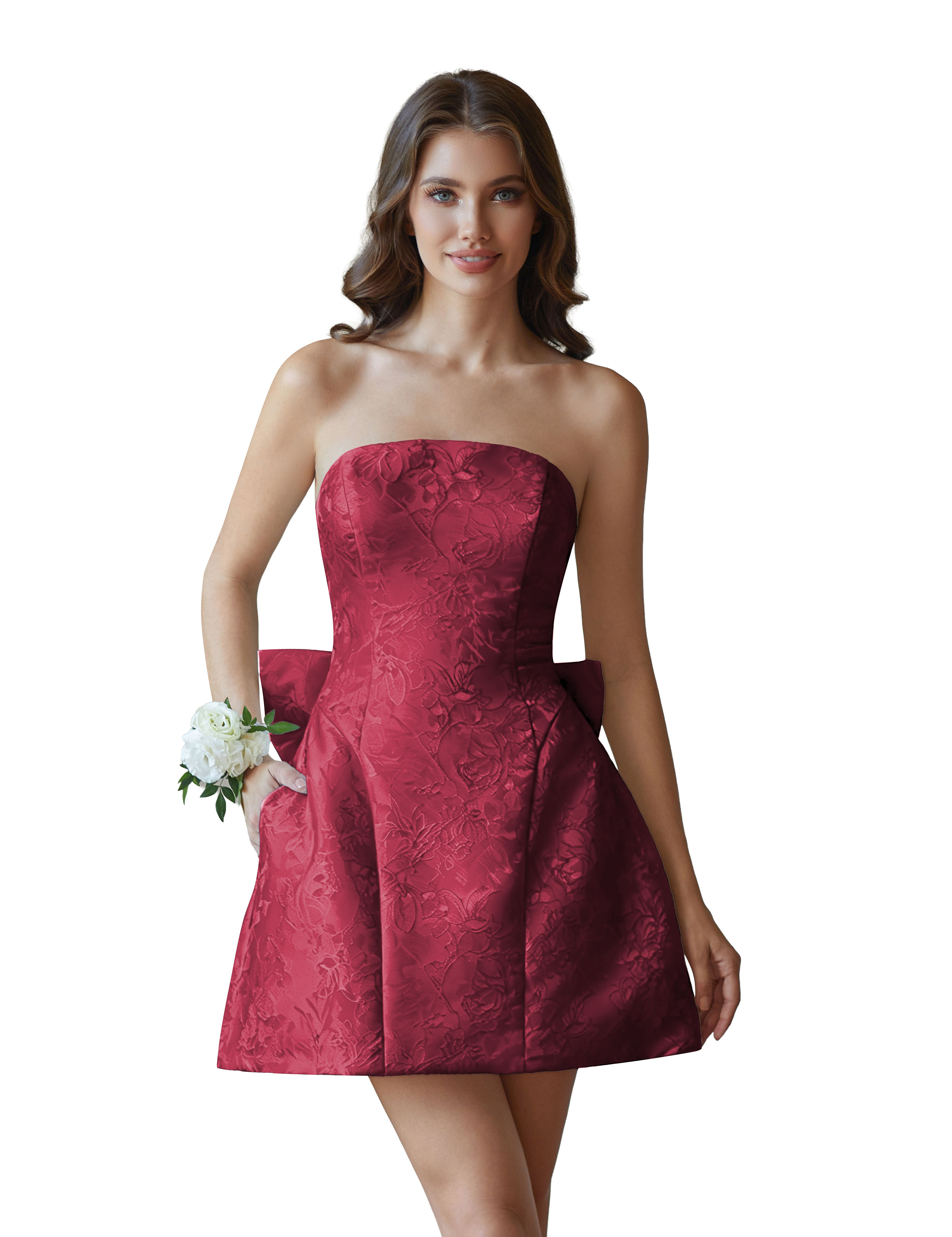 Jacquard Satin Mini Short Party Cocktail Prom Homecoming Dress with Bow Back #HC2401770