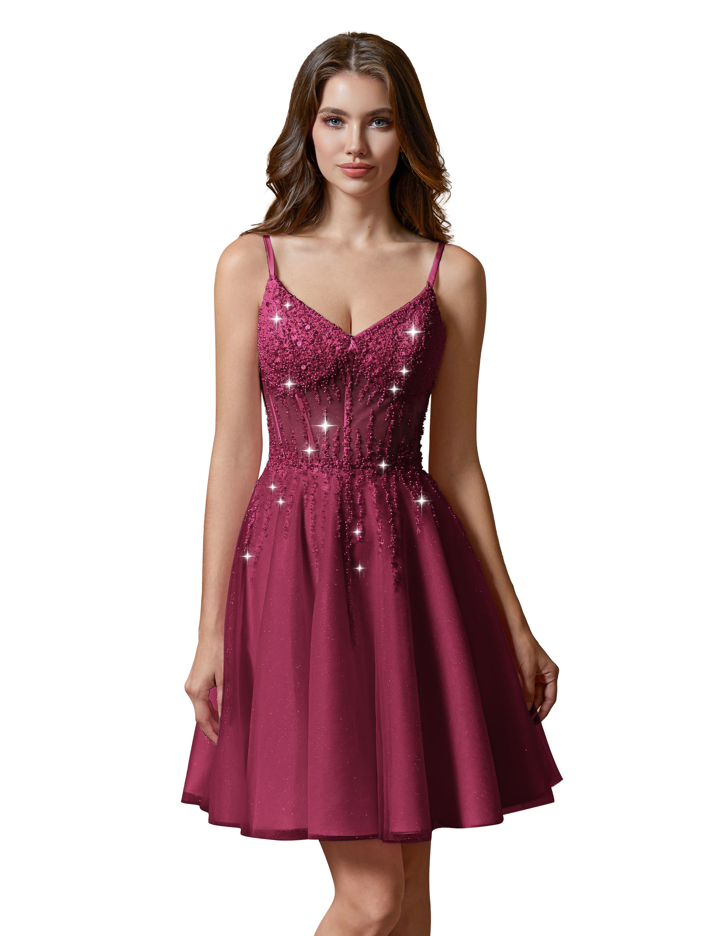 A-line V-Neck Sparkly Tulle Lace Appliques Homecoming Dress #HC2401738