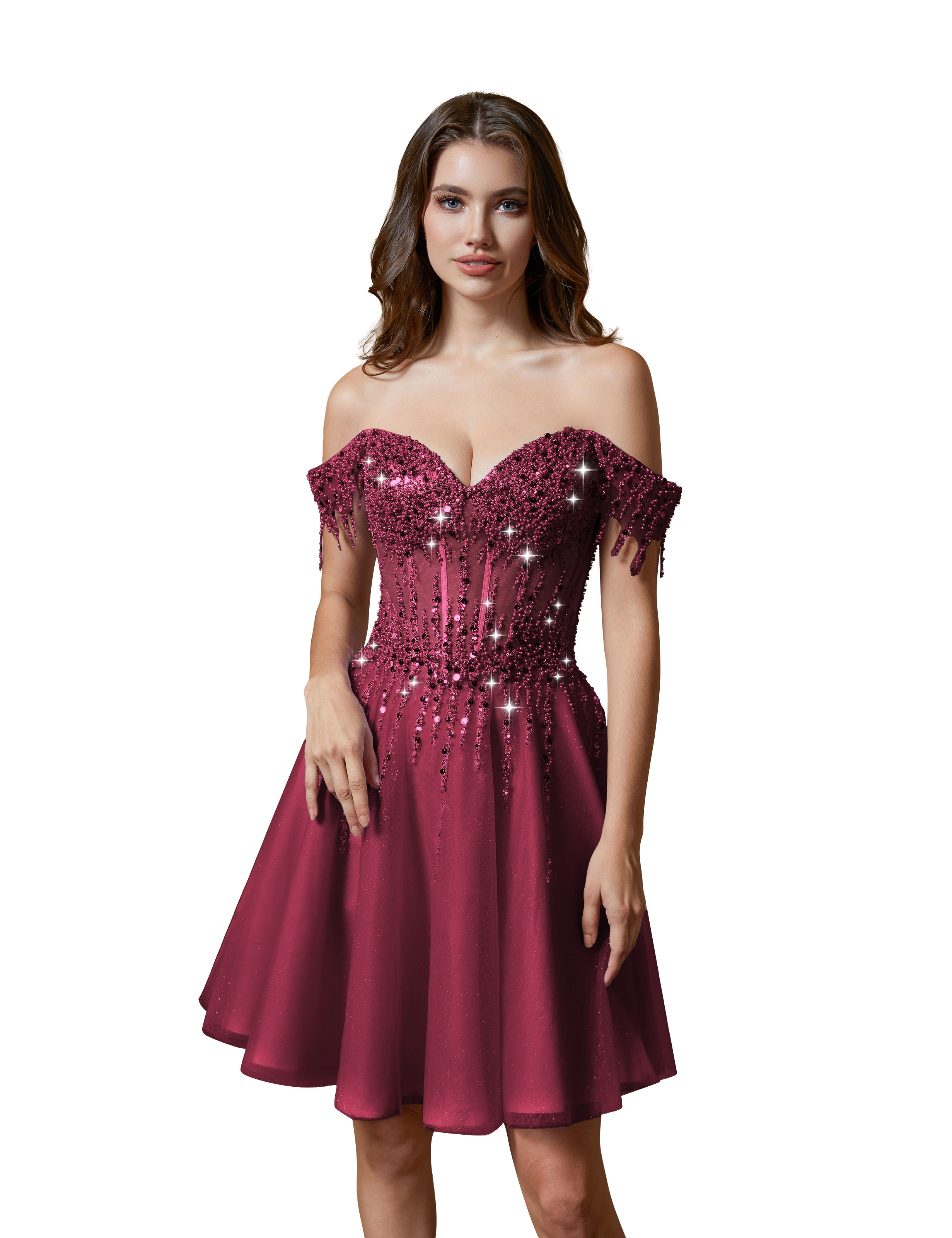 A-line Off Shoulder Lace Appliques Sparkly Sequin Tulle Homecoming Dress #HC2401169