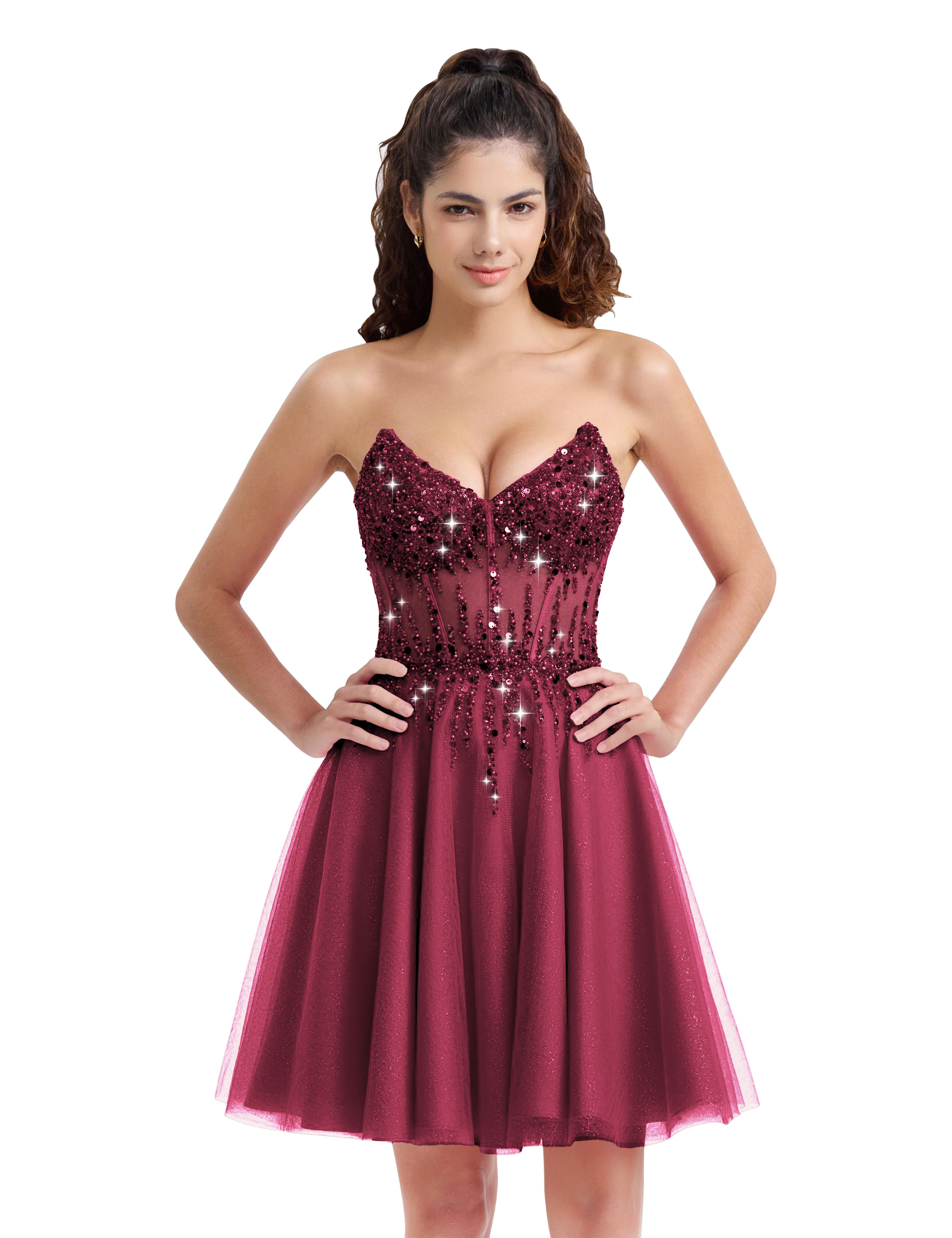 Sparkly A-line V-Neck Tulle Strapless Beaded Homecoming Dress #HC2402127