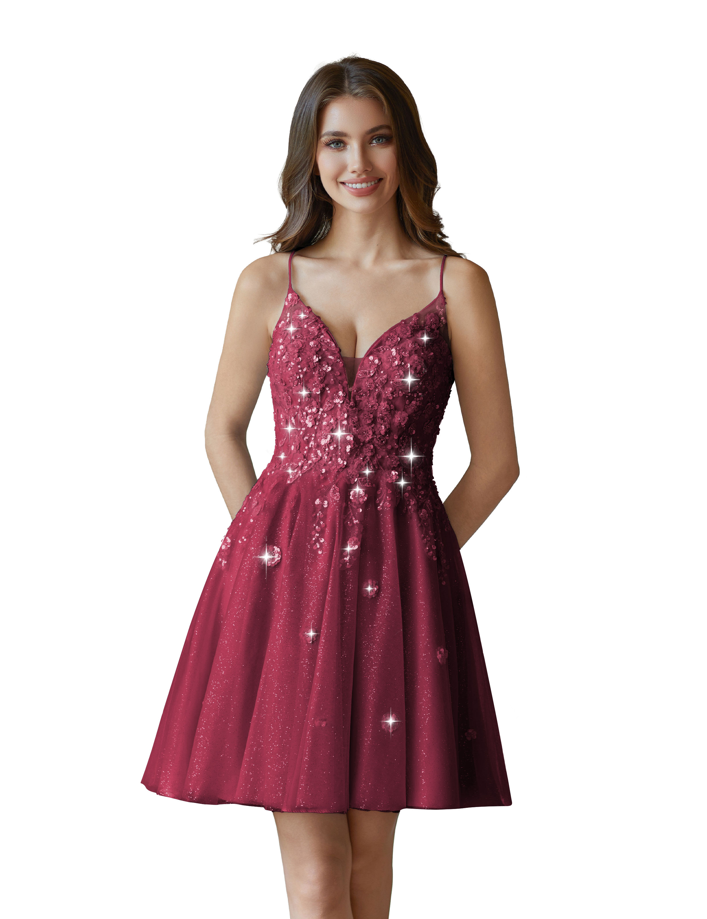 V-Neck Sspaghetti Strap Sparkly Lace Sequin Short Tulle Homecoming Dress #HC2604021