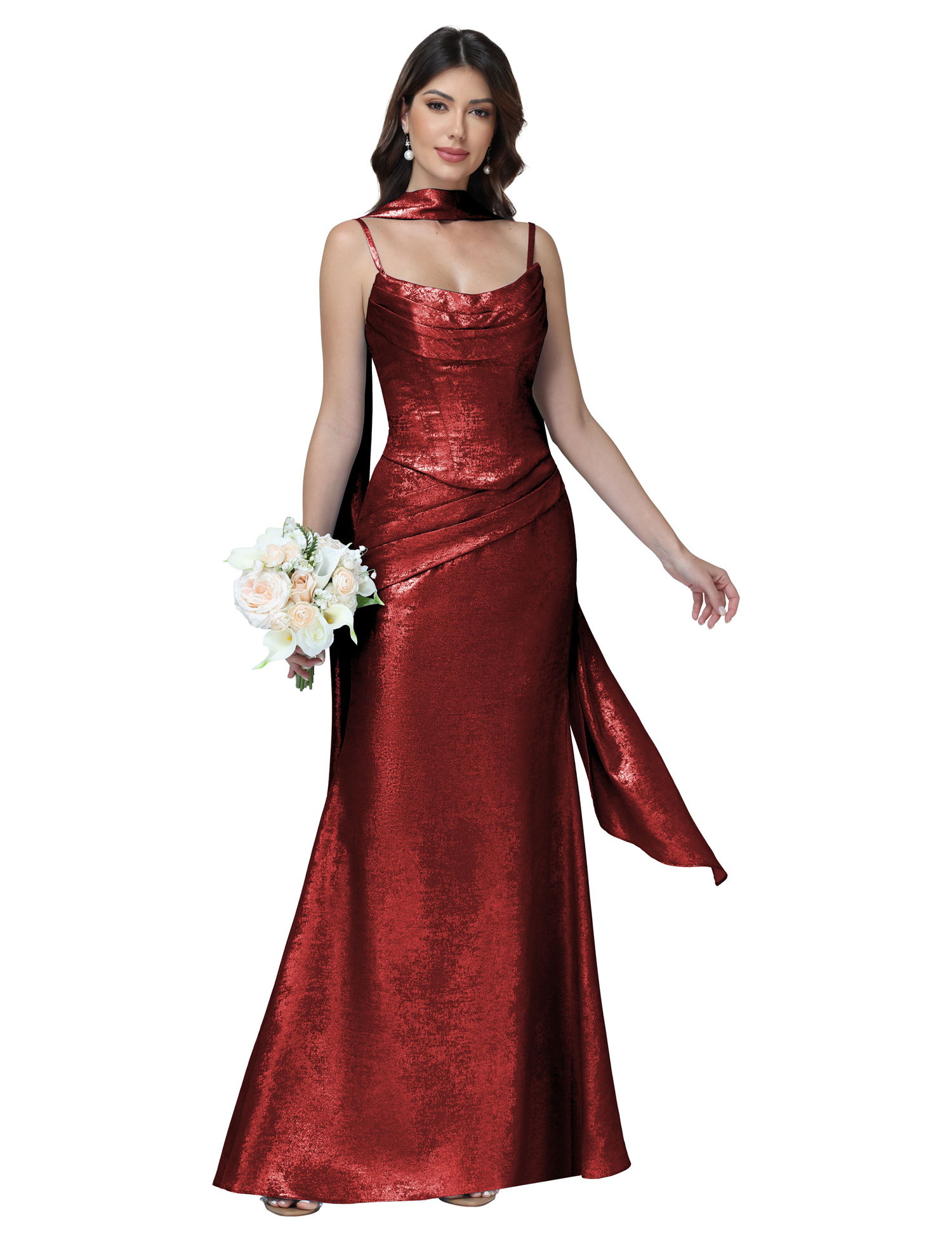 Mermaid Spaghttei Straps Prom Dress 2 Pieces Bridesmaid Dress with Scarf #BM2512054