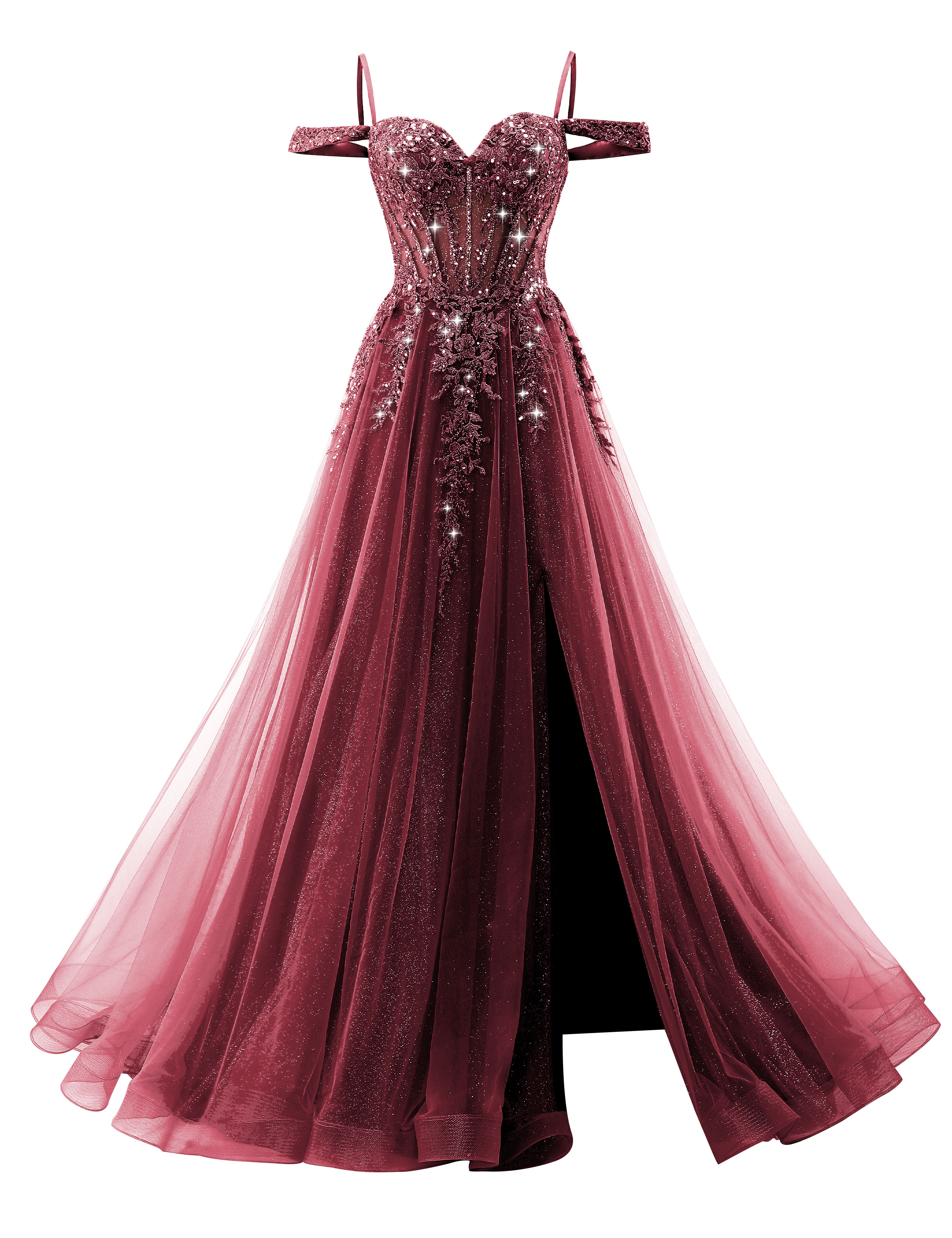 A-line Sweetheart Off Shoulder Corset Lace Appliques Sparkly Tulle Prom Dress #PR2511040