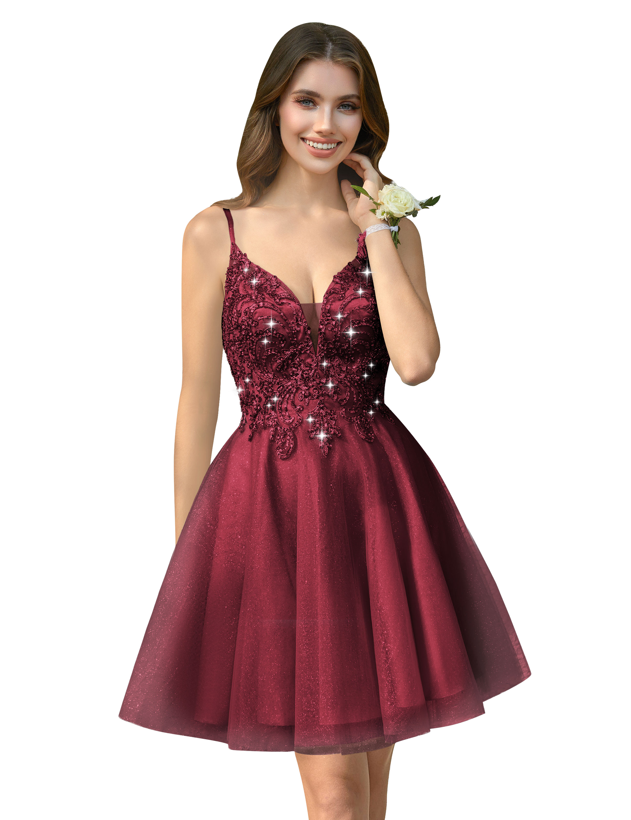 A-line V-neck Spaghetti Strap Sparkly Beaded Tulle Homecoming Dress #HC2401940