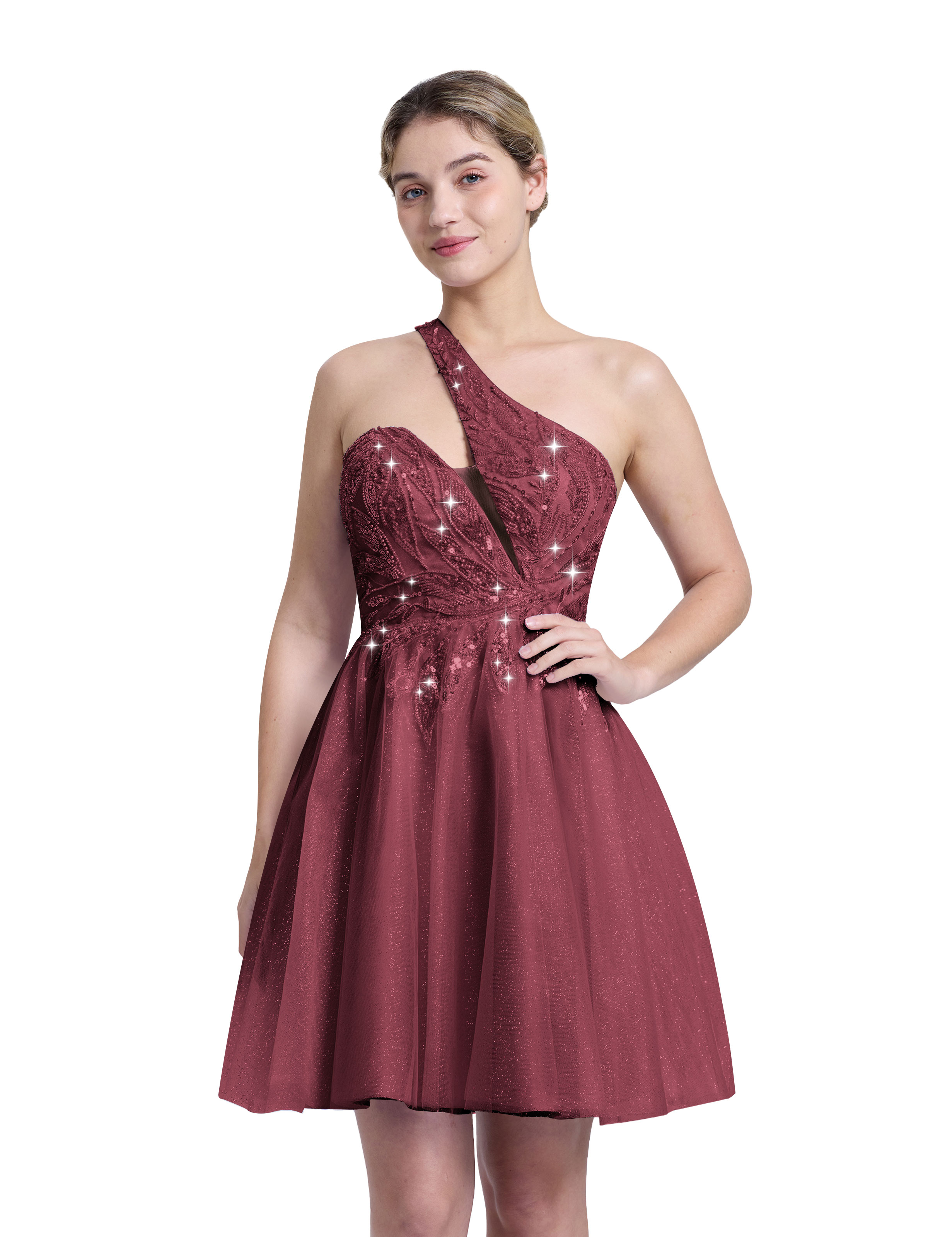 A-line One Shoulder Sequin Lace Beaded Cocktail Party Homecoming Dress #HC2604029