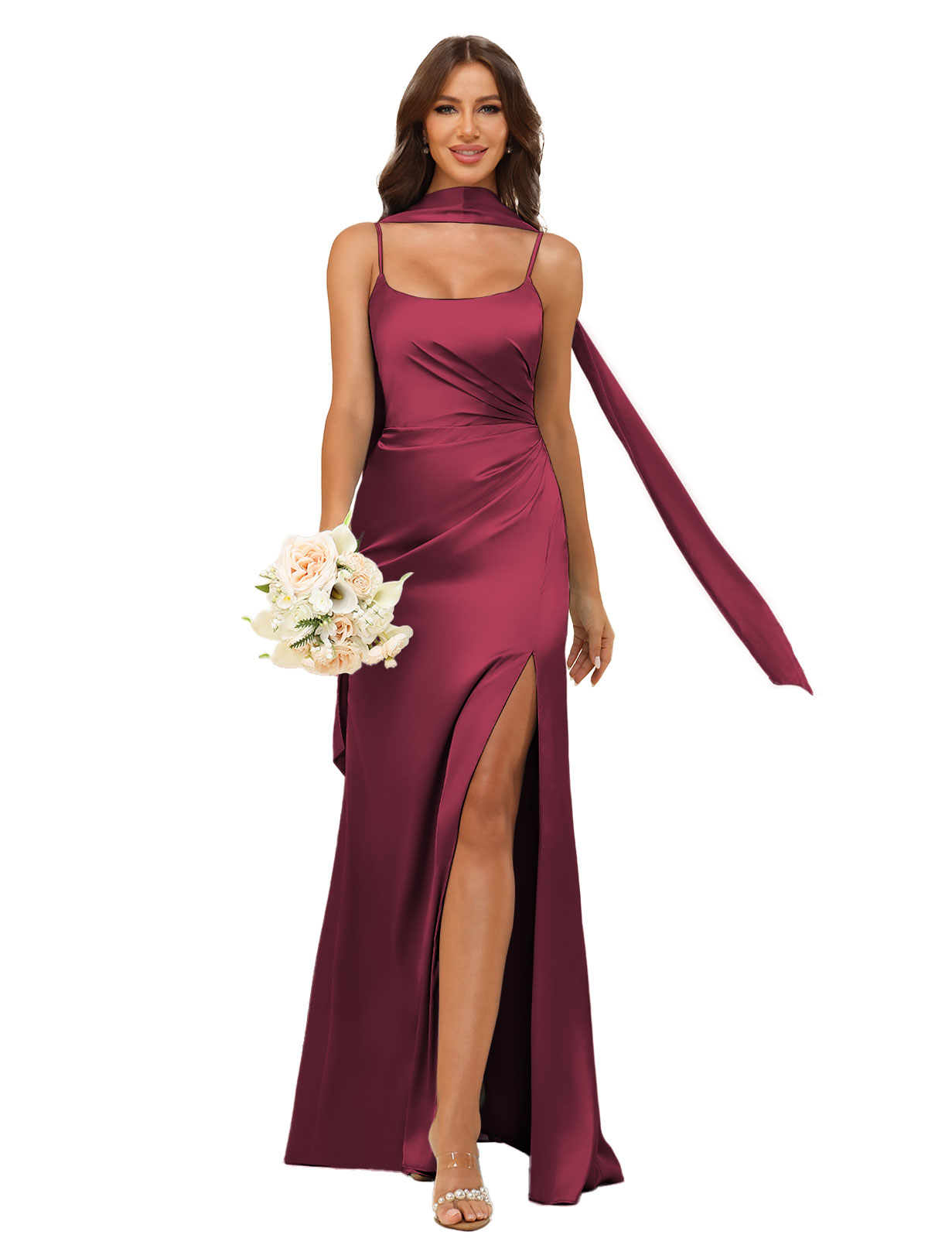 Mermaid U-neck Spaghetti Straps Satin Silt Bridesmaid Dress #BM2507145