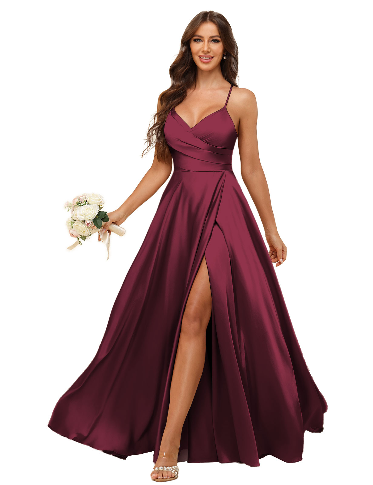 A-line V-neck Spaghetti Straps Satin Silt Bridesmaid Dress #BM2507218