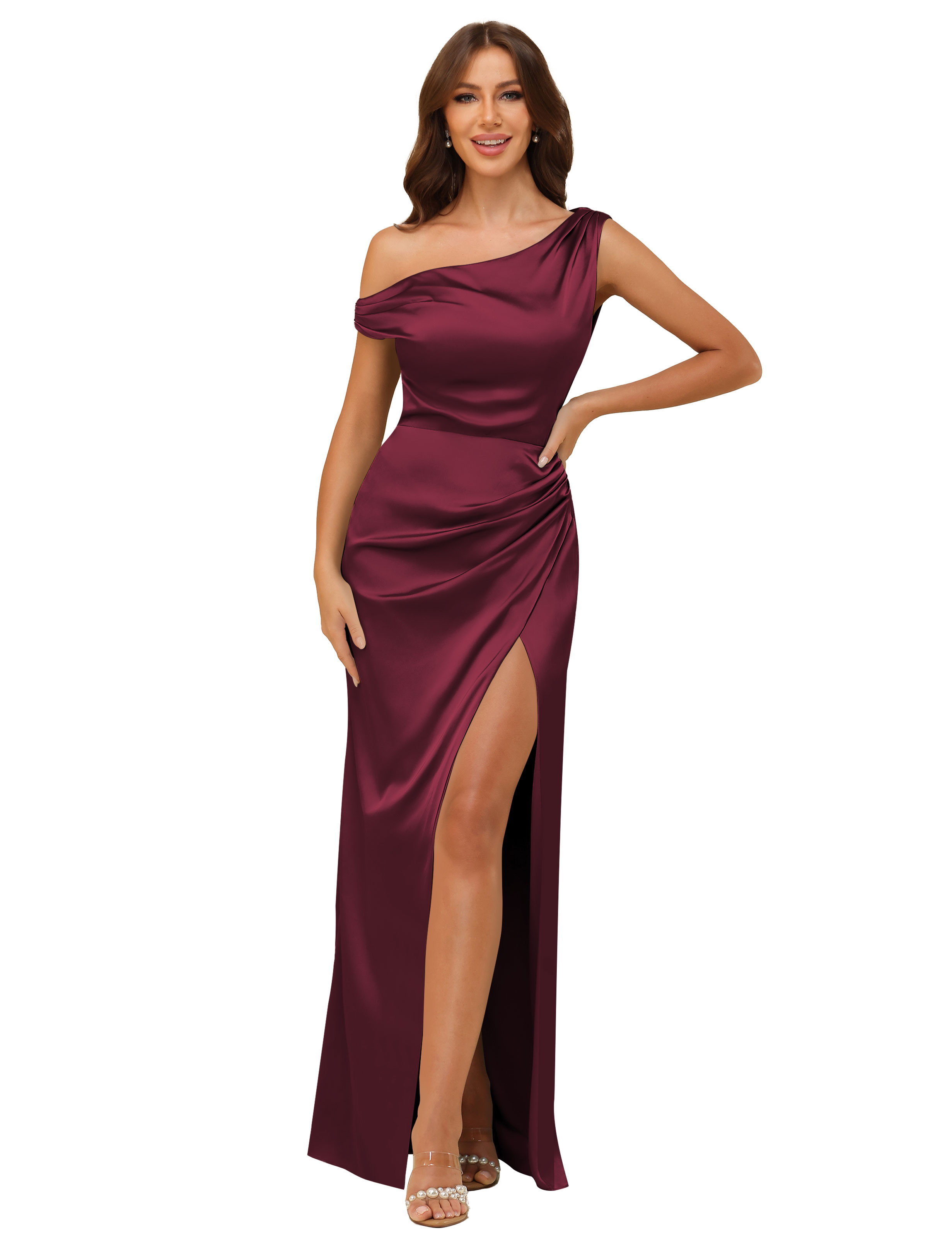 Sheath One Shoulder Satin Silt Side Zip Bridesmaid Dress #BM2507059