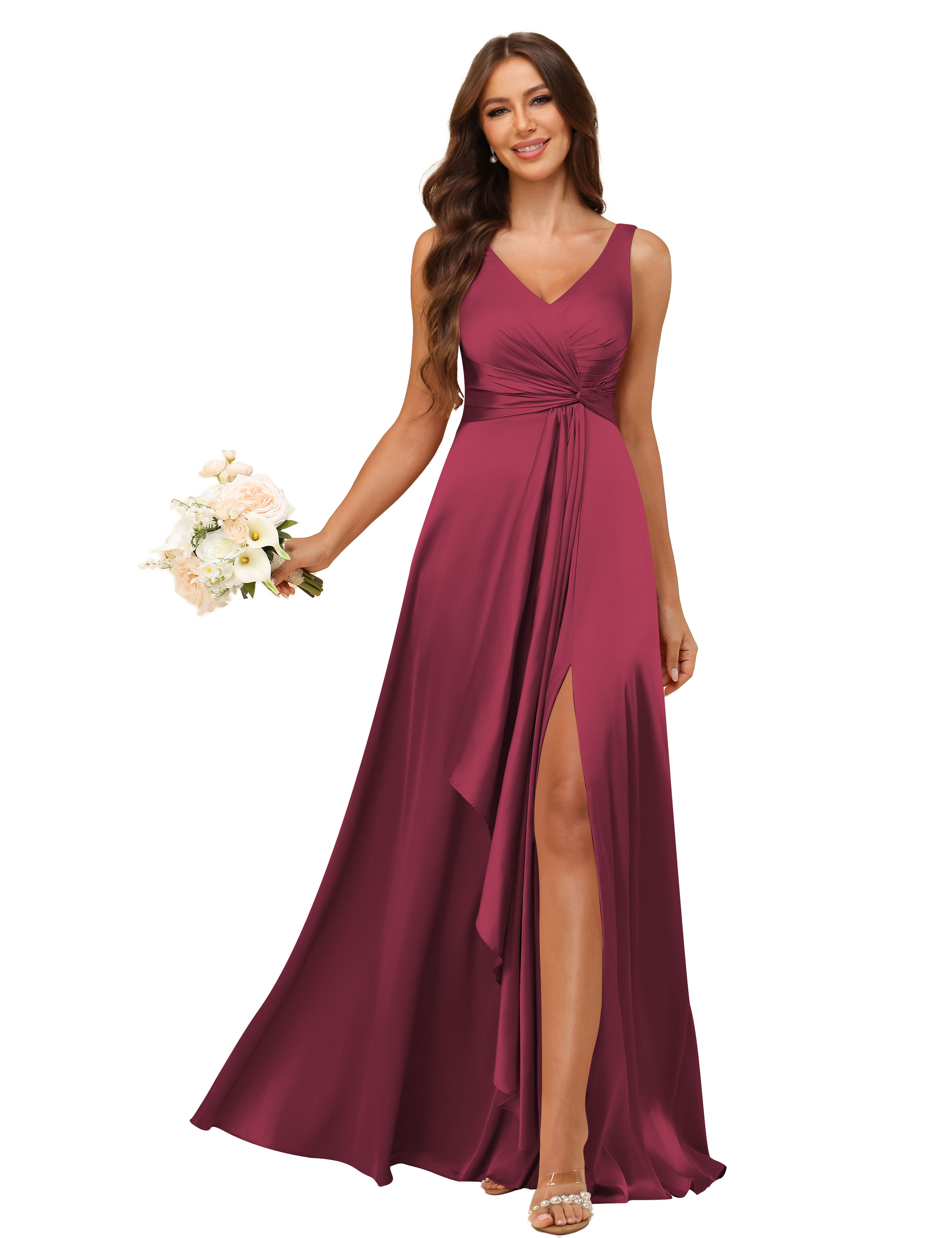A-line V-neck Straps Satin Silt Lace Up Bridesmaid Dress #BM2507147