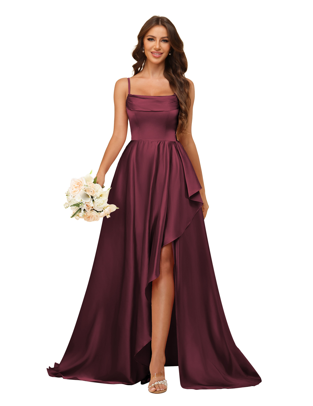 A-line U-neck Spaghetti Straps Satin Silt Bridesmaid Dress #BM2507213