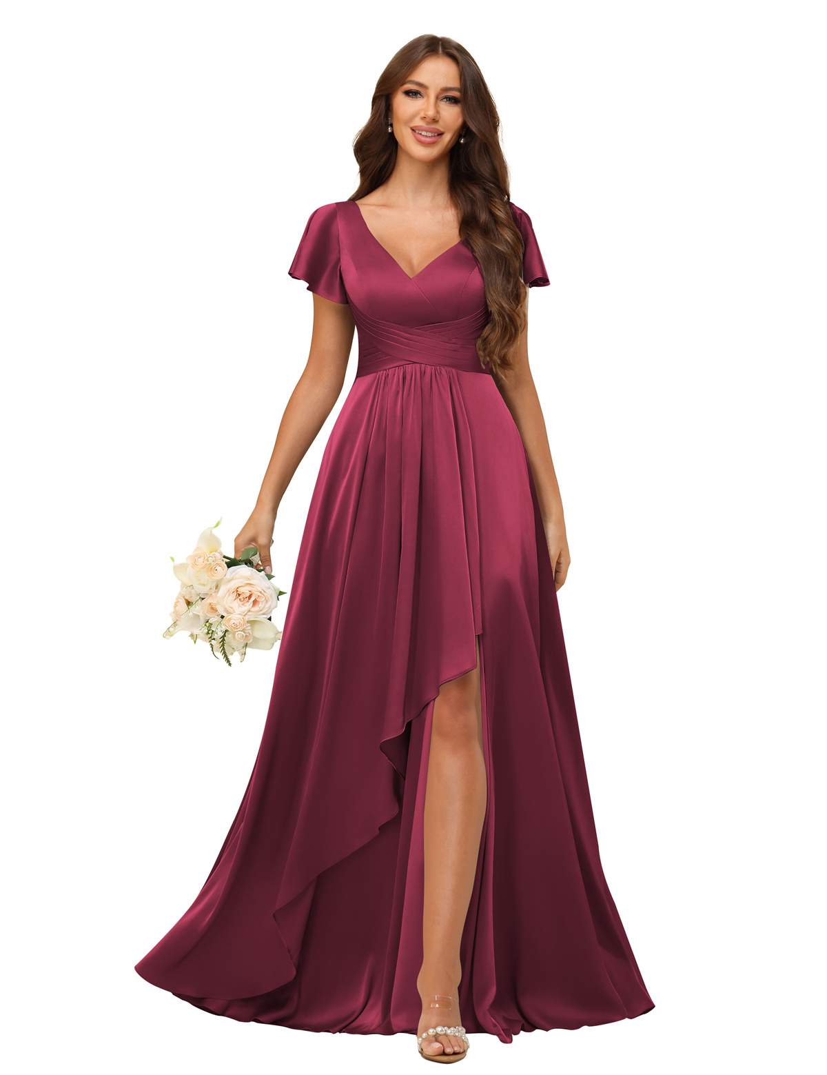 A-line V-neck Short Sleeves Satin Silt Bridesmaid Dress #BM2508022