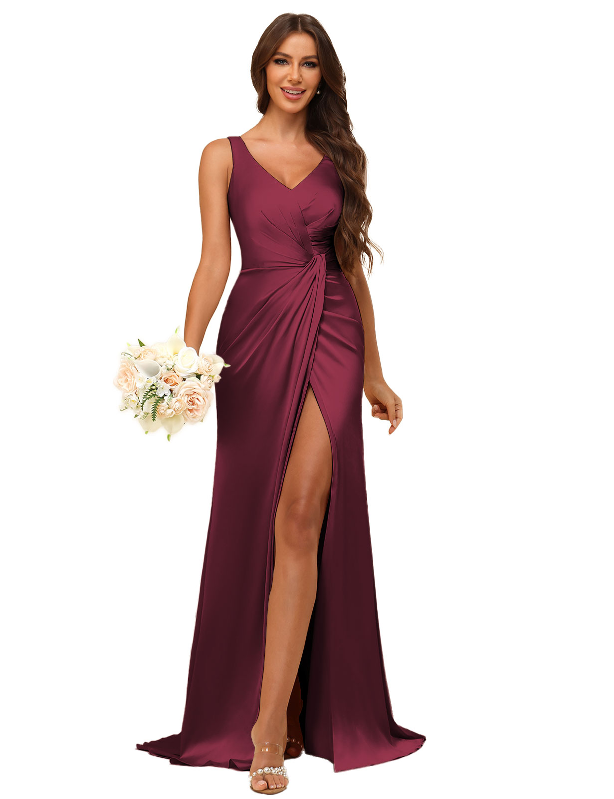 Mermaid V-neck Straps Satin Silt Bridesmaid Dress #BM2507144