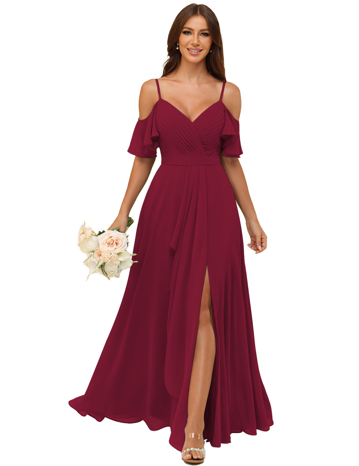 A-line V-neck Spaghetti Straps Chiffon Silt Bridesmaid Dress #BM2507214