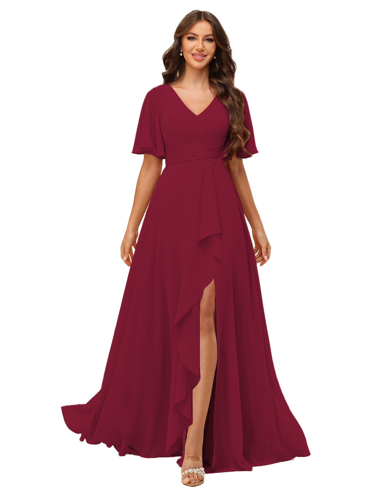 A-line V-neck Short Sleeves Chiffon Silt Bridesmaid Dress #BM2507137