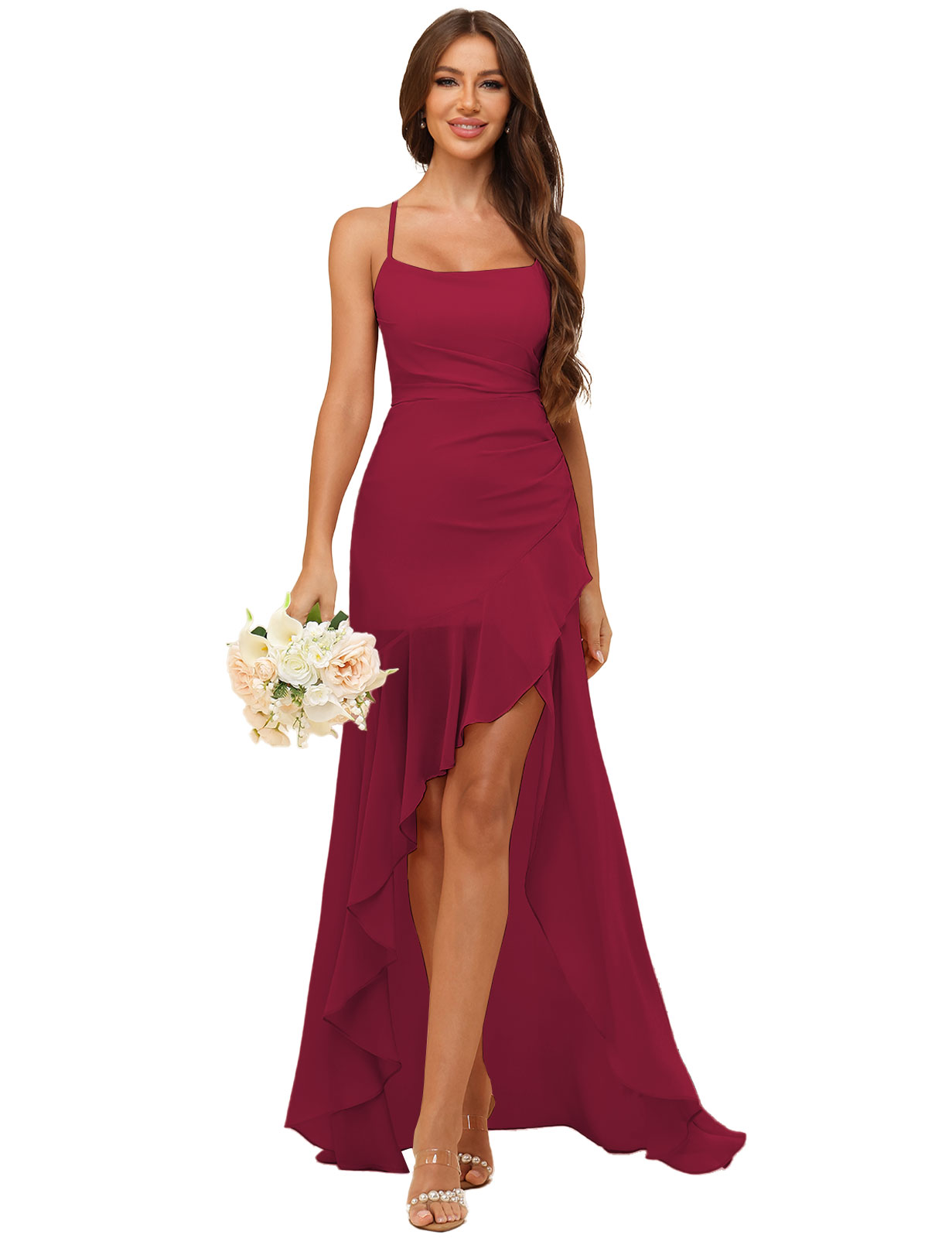 A-line Strapless Chiffon High Low Ruffles Bridesmaid Dress #BM2507148