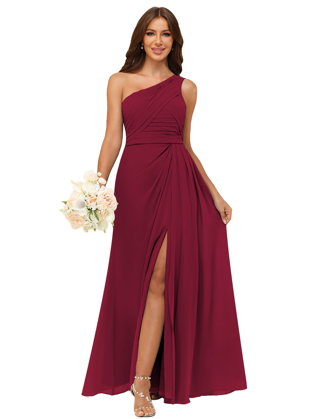 A-line One Shoulder Chiffon Silt Back Zip Bridesmaid Dress #BM2504122