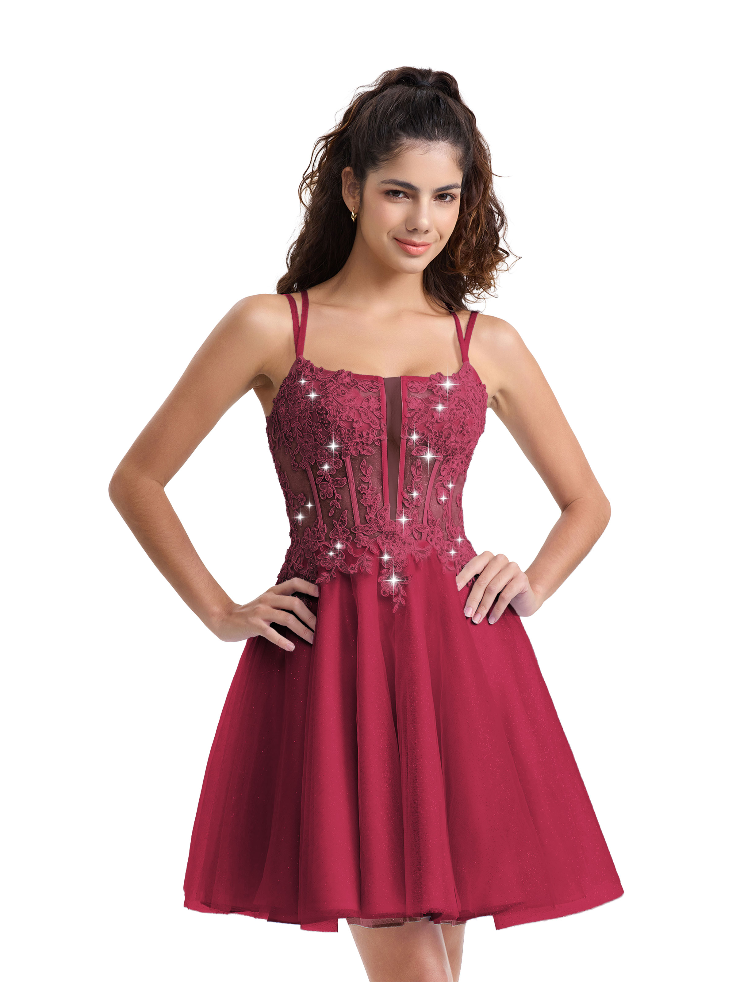A-line Spaghetti Strap Tulle Lace Appliques Cocktail Homecoming Dress #HC2402129