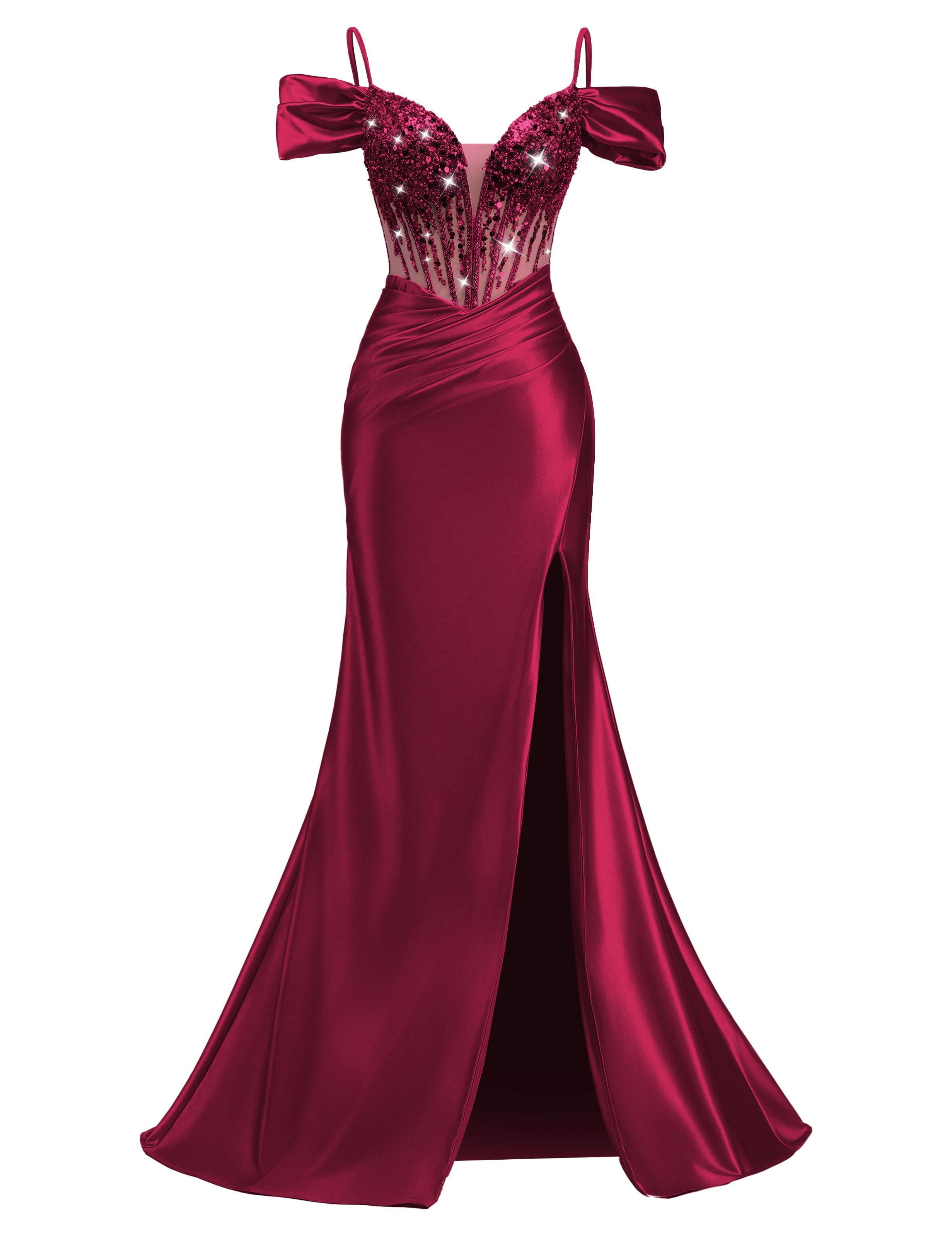 Mermaid V-neck Off Shoulder Beaded Sequin Satin Slit Prom Dress #PR2510014