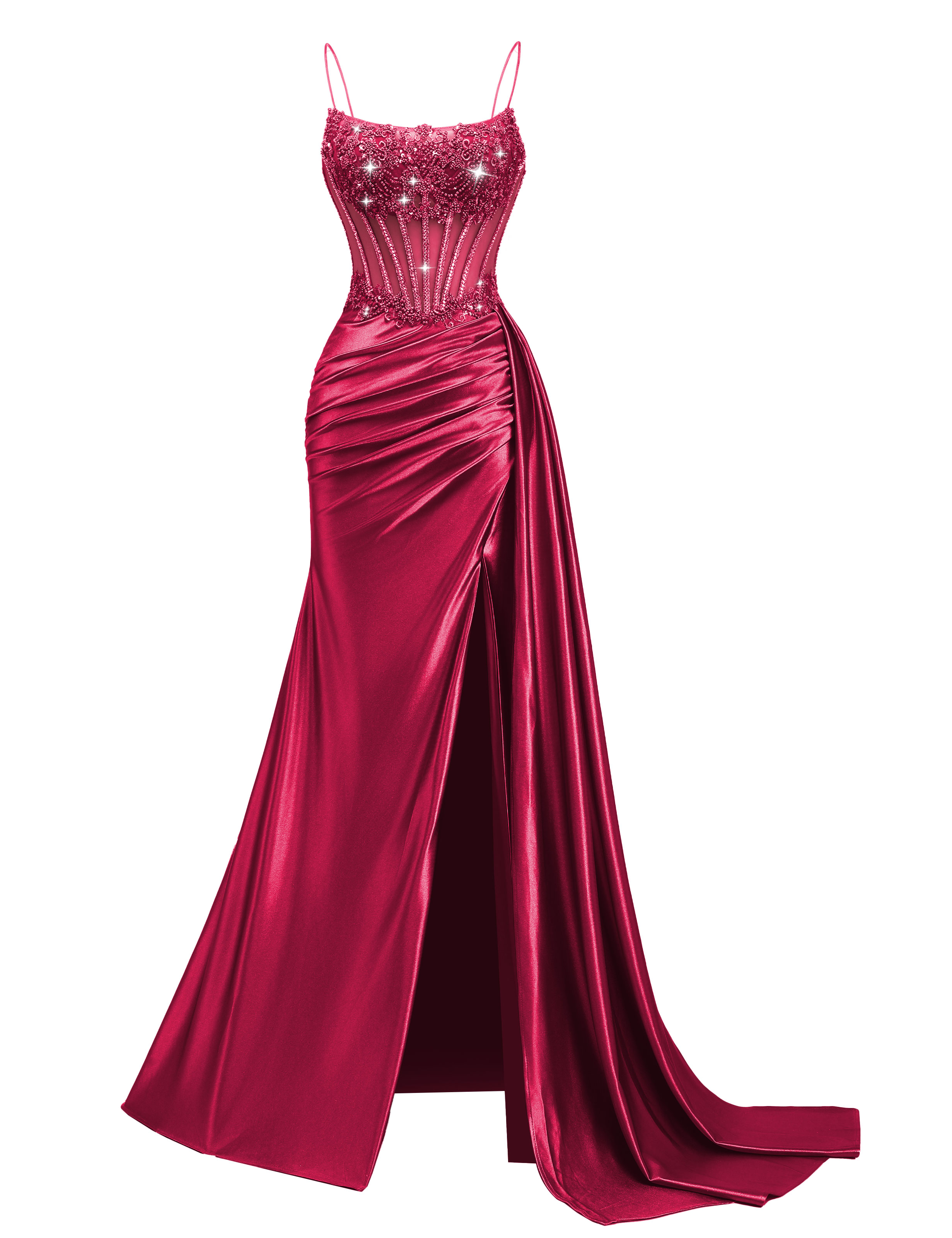 Mermaid Spaghetti Straps Pleated Satin Beaded Slit Prom Dress #PR2510011