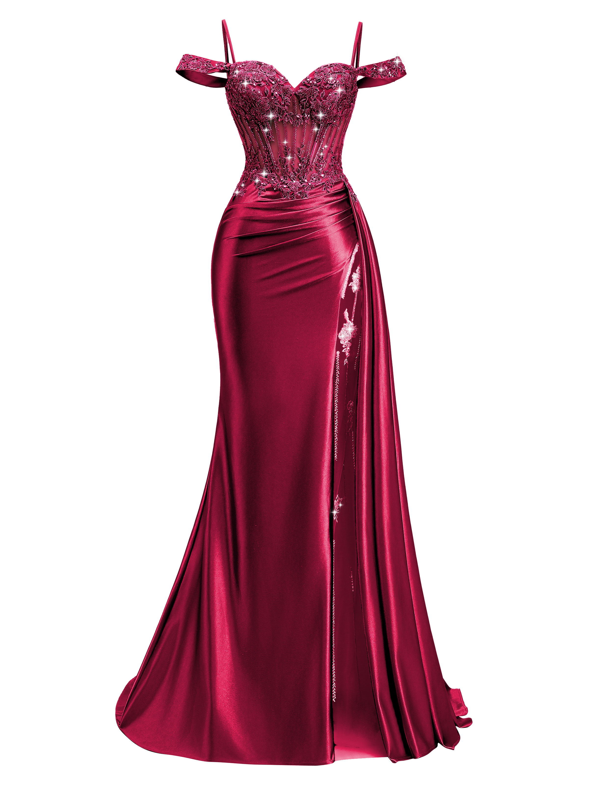 Mermaid Off Shoulder Beaded Sequin Appliques Satin Slit Prom Dress #PR2510009