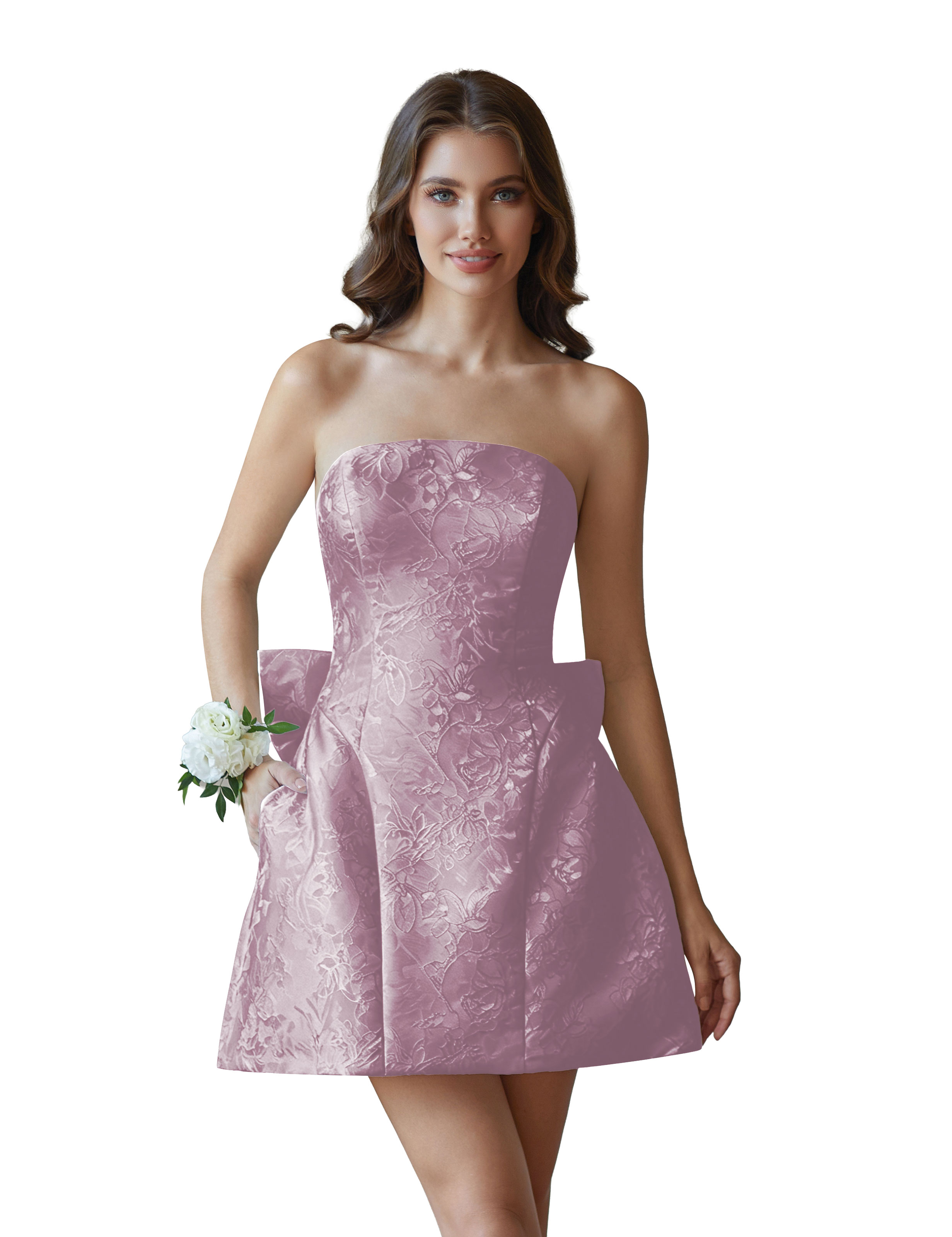 Jacquard Satin Mini Short Party Cocktail Prom Homecoming Dress with Bow Back #HC2401770