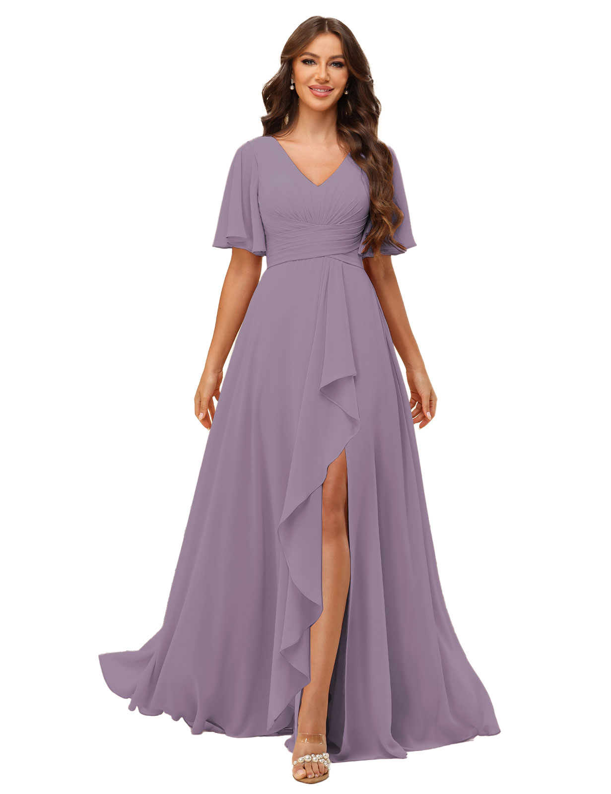 A-line V-neck Short Sleeves Chiffon Silt Bridesmaid Dress #BM2507137
