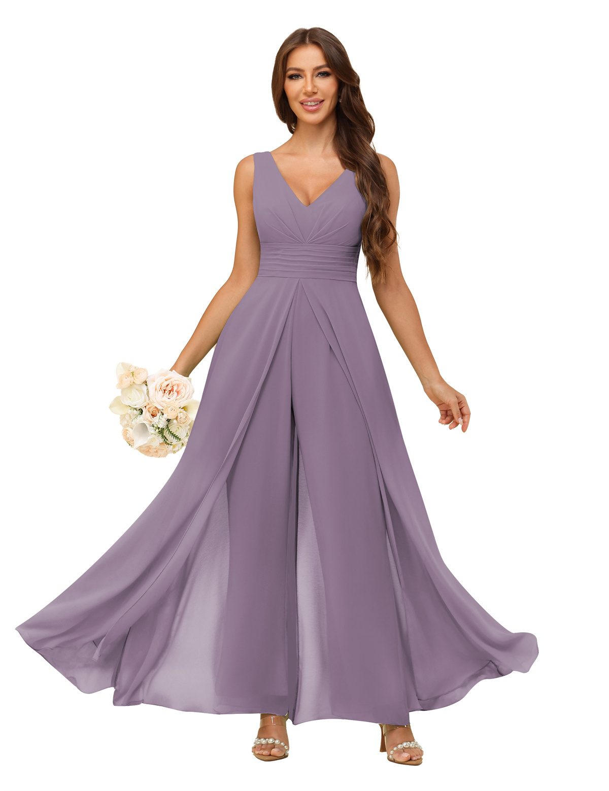 A-line V-neck Chiffon Straps V-back Bridesmaid Dress #PR2507216