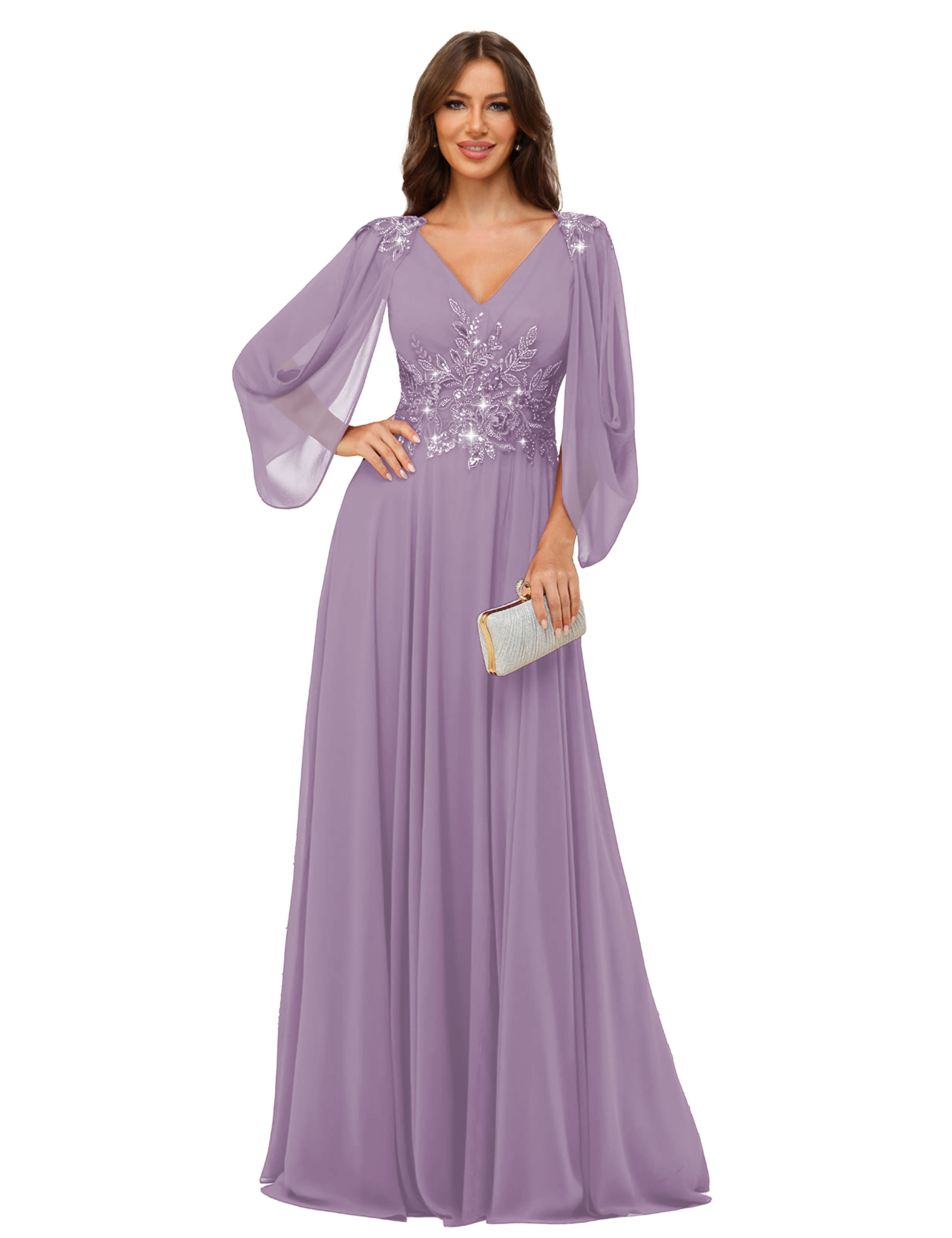A-line V-neck Chiffon V-back Long Sleeves Mother of The Bride Dress #BM2501034