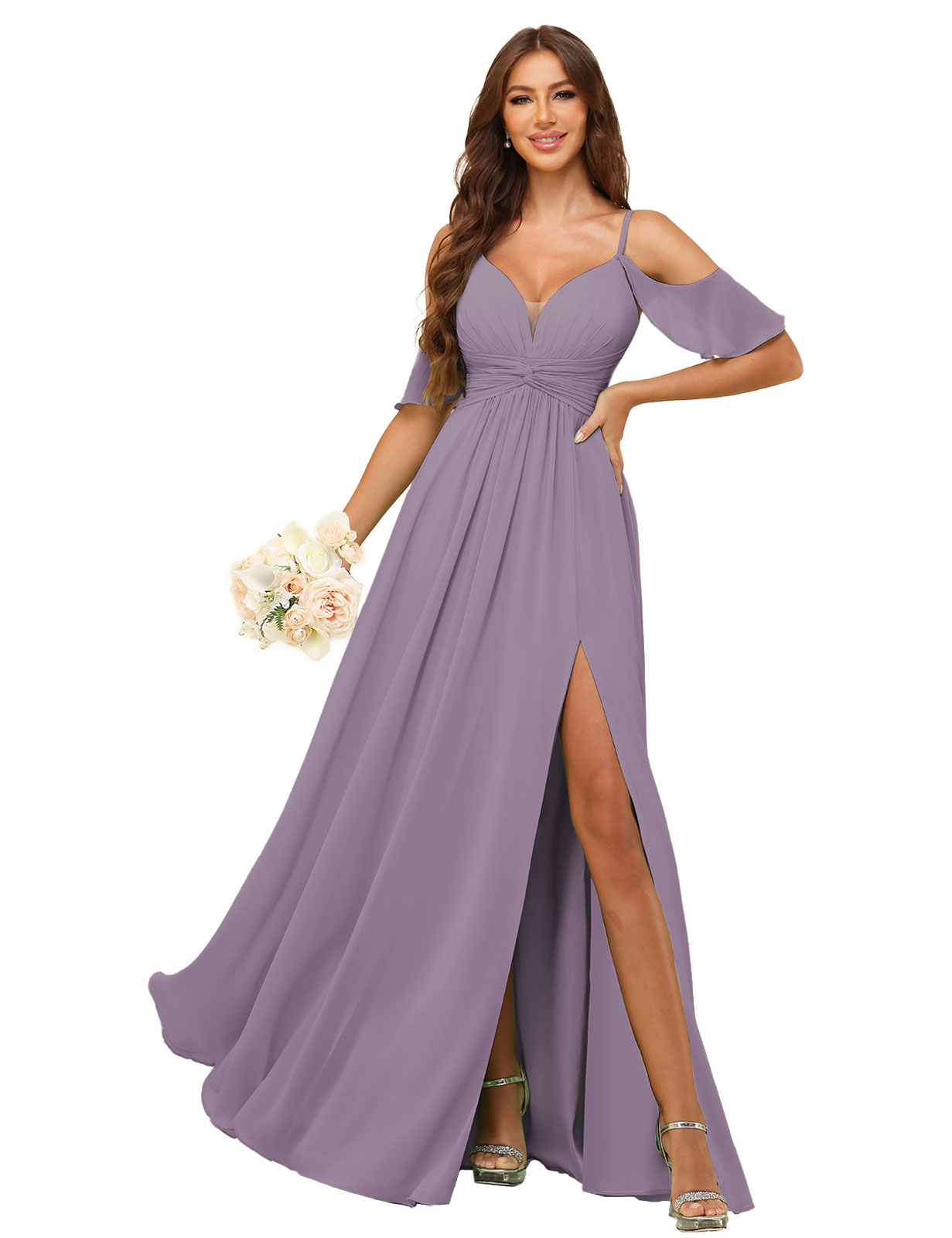 A-line Deep V-neck Spaghetti Straps Chiffon Silt Bridesmaid Dress #BM2507134