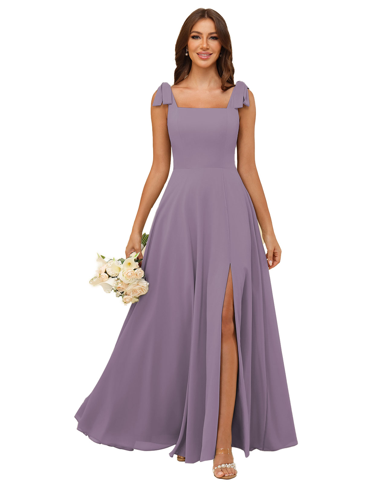A-line Square Straps Chiffon Silt Bridesmaid Dress #BM2507222