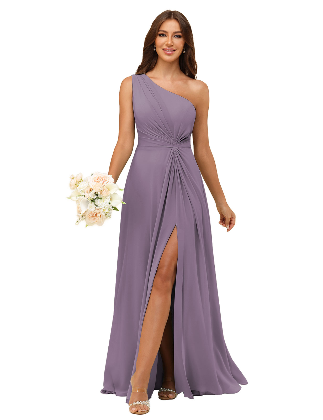 A-line One Shoulder Chiffon Silt Bridesmaid Dress #BM2508033