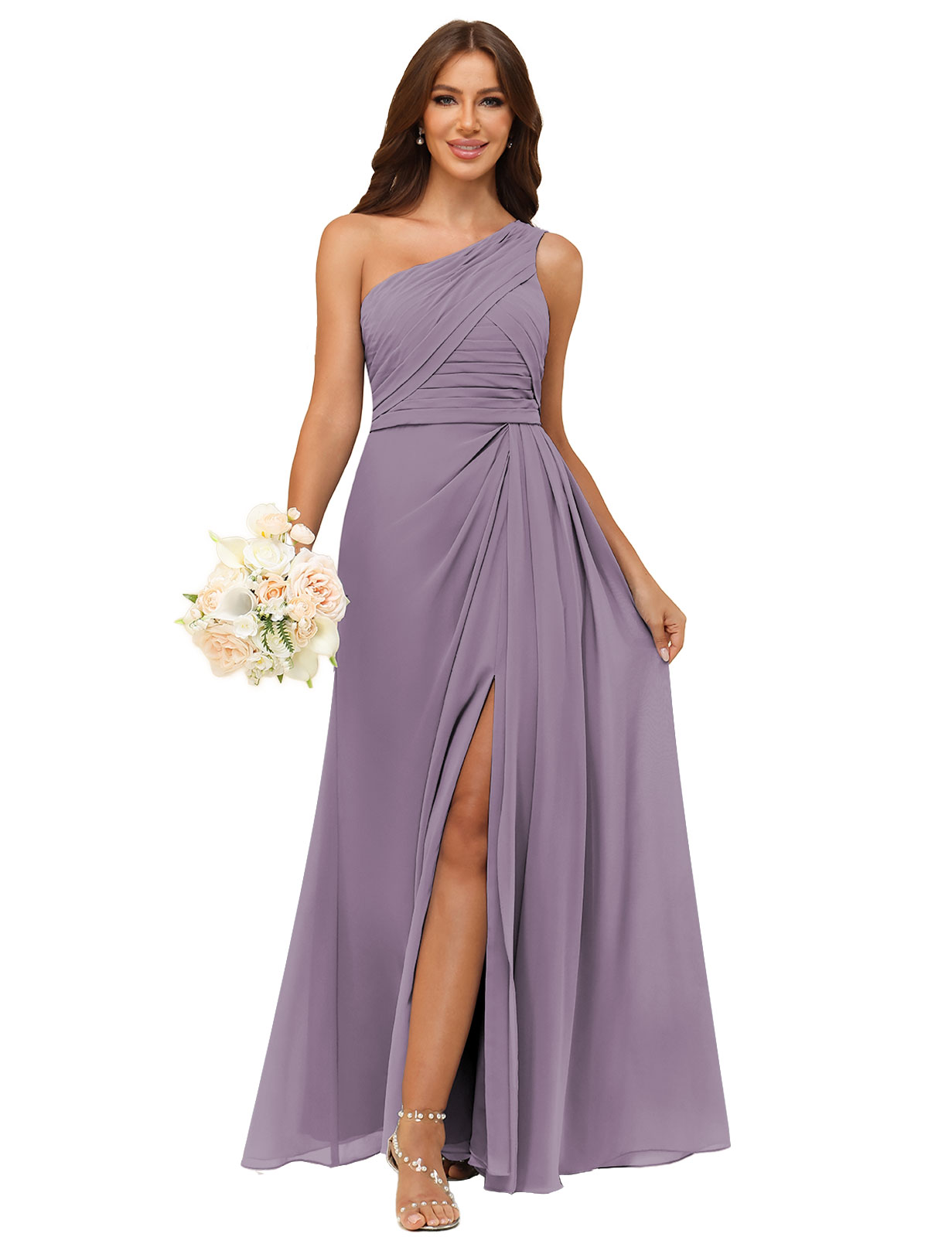 A-line One Shoulder Chiffon Silt Back Zip Bridesmaid Dress #BM2504122
