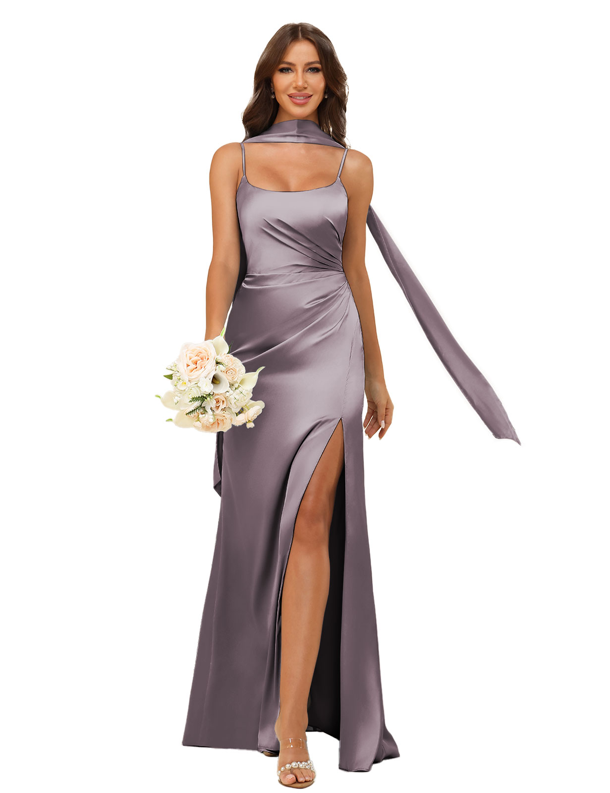 Mermaid U-neck Spaghetti Straps Satin Silt Bridesmaid Dress #BM2507145