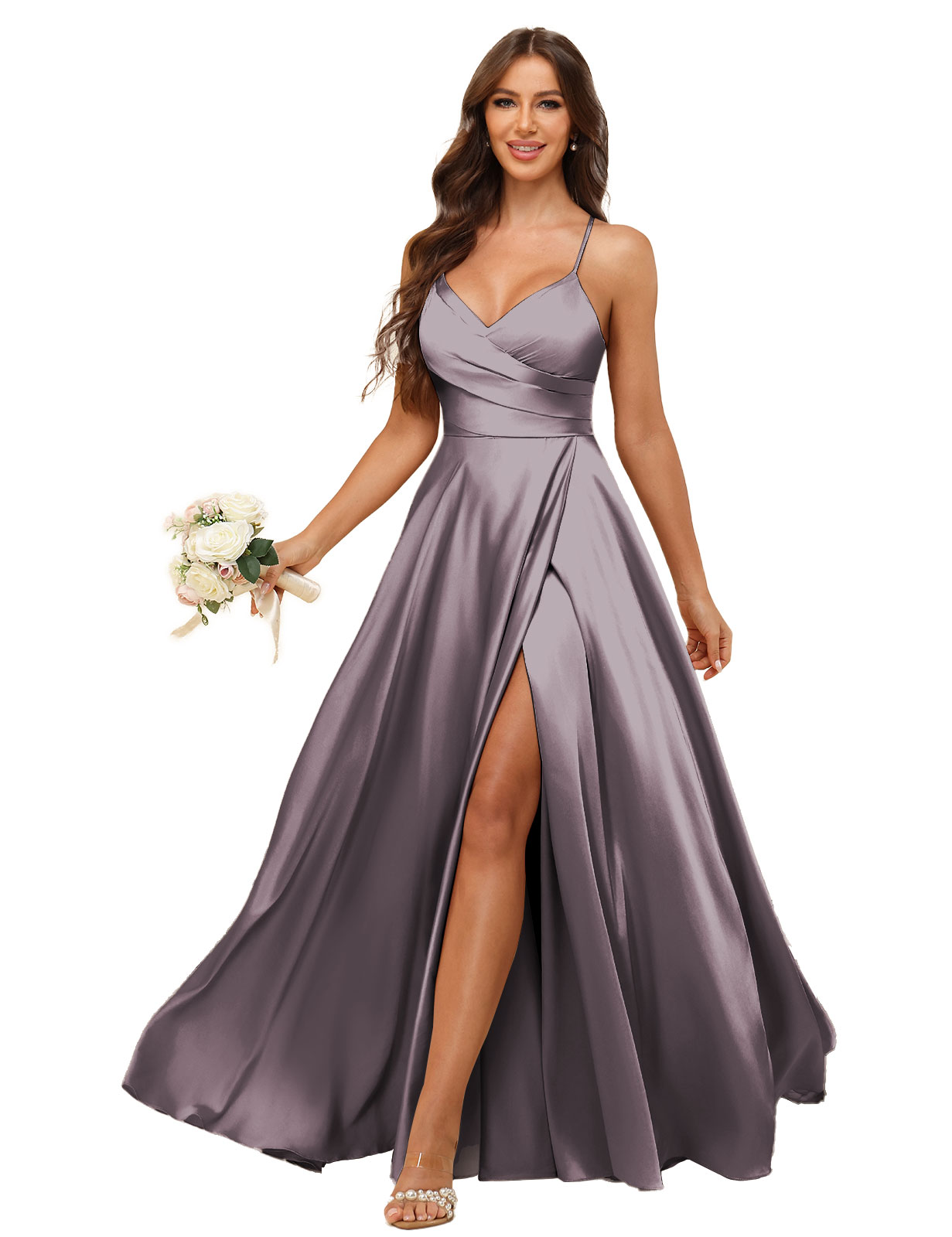 A-line V-neck Spaghetti Straps Satin Silt Bridesmaid Dress #BM2507218