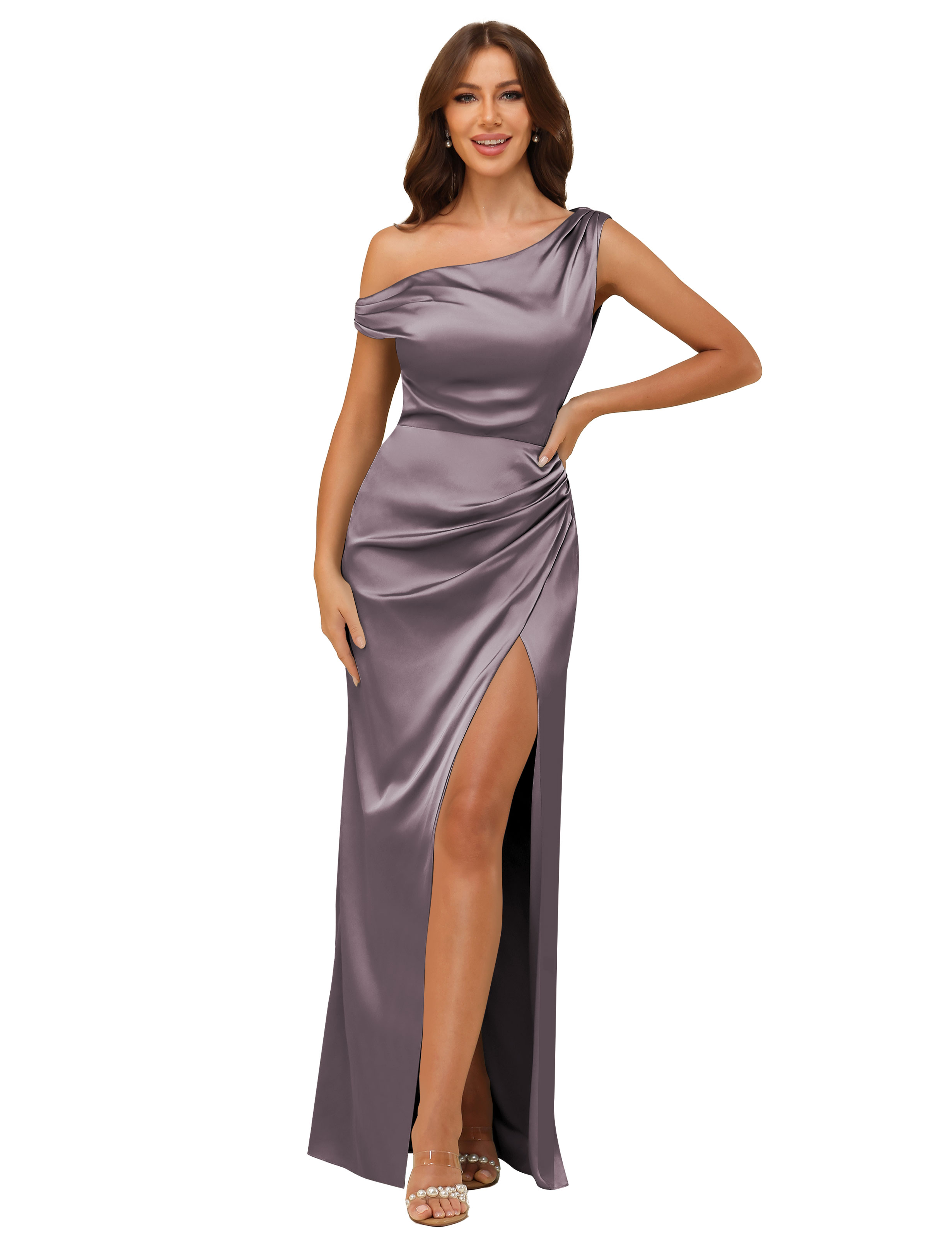 Sheath One Shoulder Satin Silt Side Zip Bridesmaid Dress #BM2507059