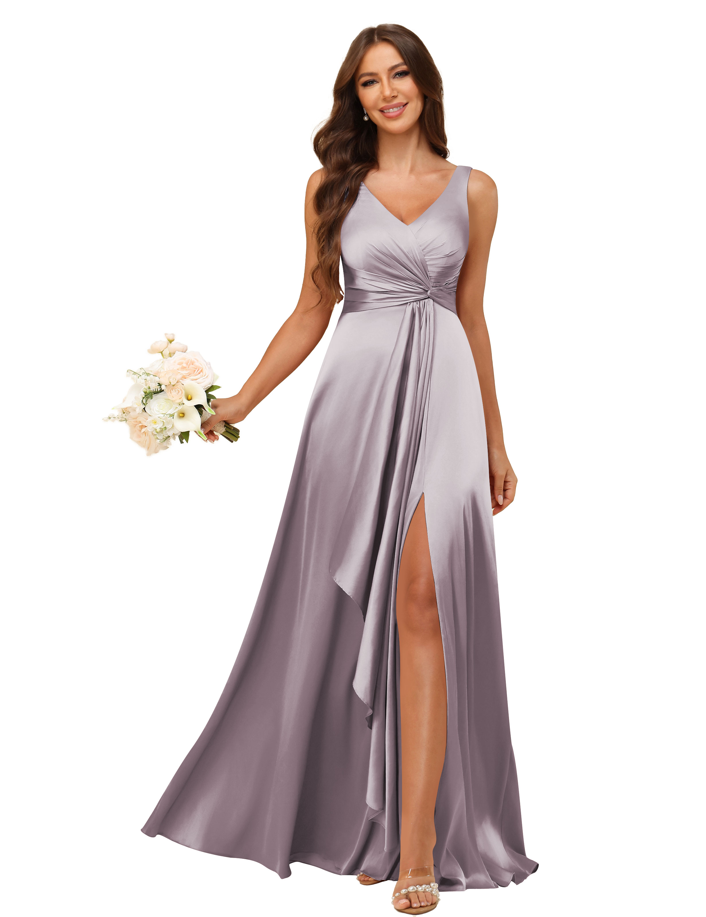 A-line V-neck Straps Satin Silt Lace Up Bridesmaid Dress #BM2507147