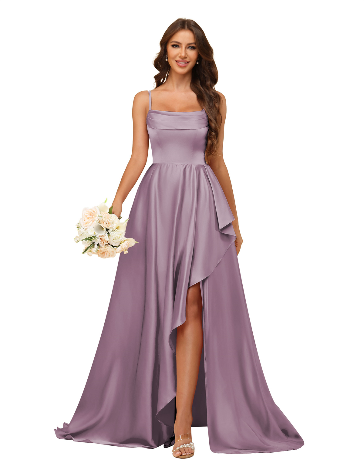 A-line U-neck Spaghetti Straps Satin Silt Bridesmaid Dress #BM2507213