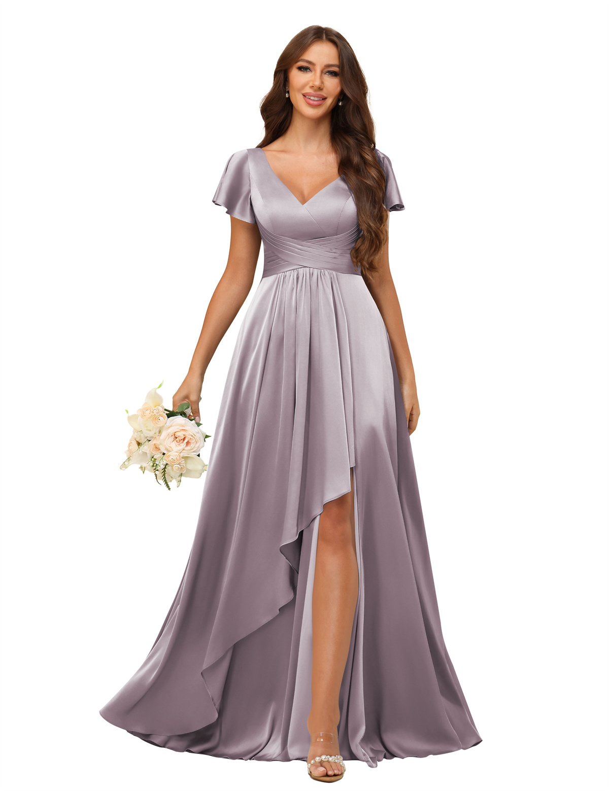 A-line V-neck Short Sleeves Satin Silt Bridesmaid Dress #BM2508022