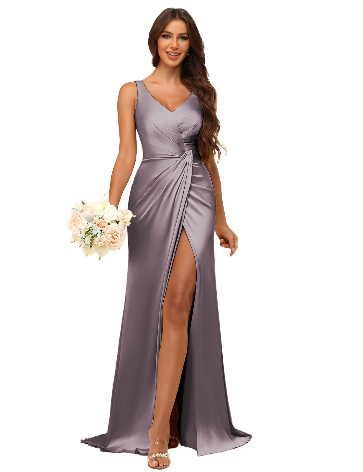 Mermaid V-neck Straps Satin Silt Bridesmaid Dress #BM2507144