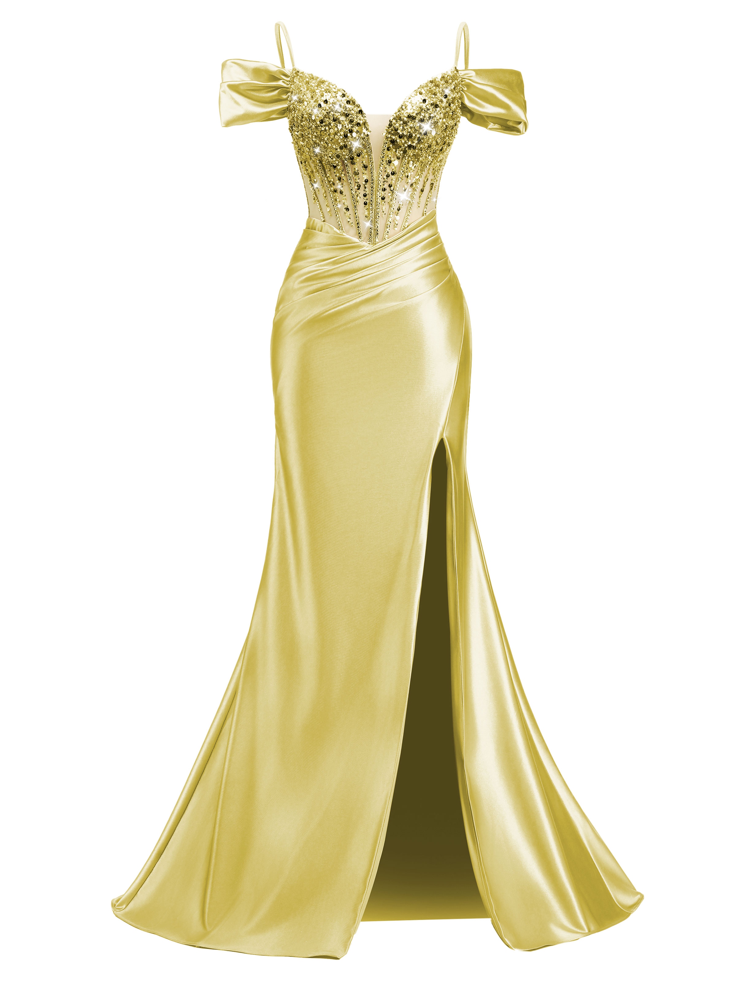 Mermaid V-neck Off Shoulder Beaded Sequin Satin Slit Prom Dress #PR2510014